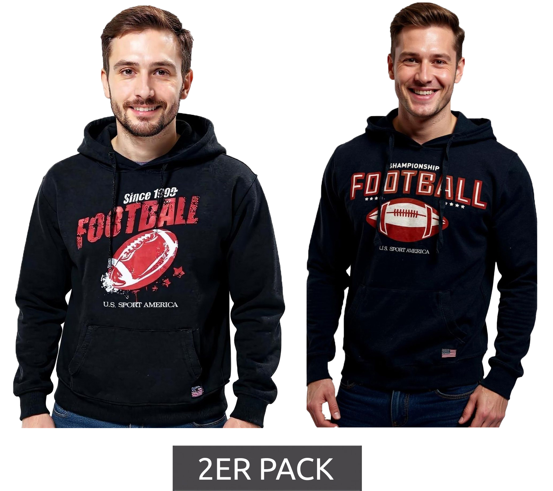 2er Sparpack U.S. SPORT AMERICA Herren Hoodie mit Kapuze und Football-Motiv Baumwoll-Pullover Freizeit-Hoody in Schwarz oder Dunkelblau