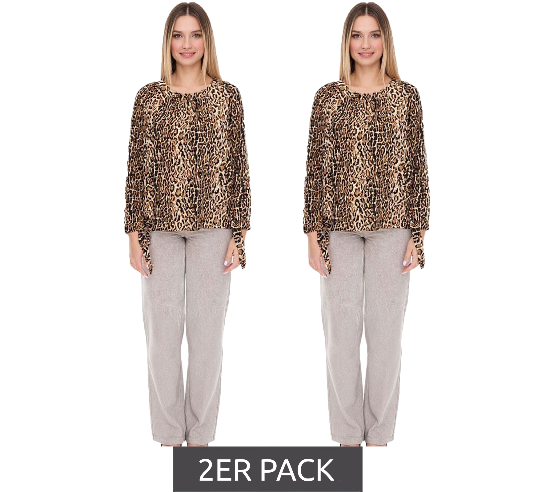 2er Sparpack vestino Damen Bluse Off-Shoulder Carmen-Bluse mit Leoparden-Print Sommer-Shirt 900319 Beige/Schwarz