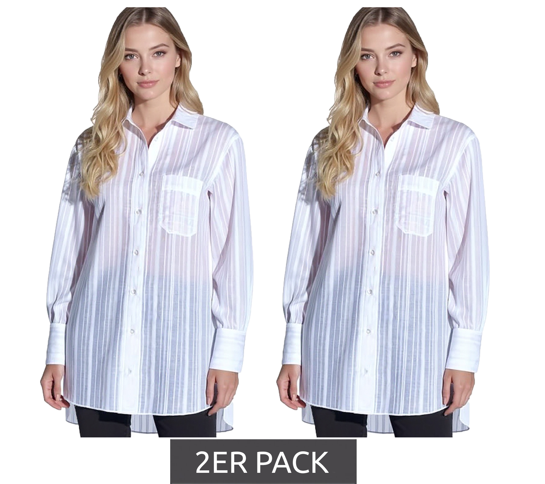 2er Sparpack vestino Damen Oversized Bluse im Boyfriend Style Transparent mit Strukturstreifen Sommer-Bluse 900600 Weiß