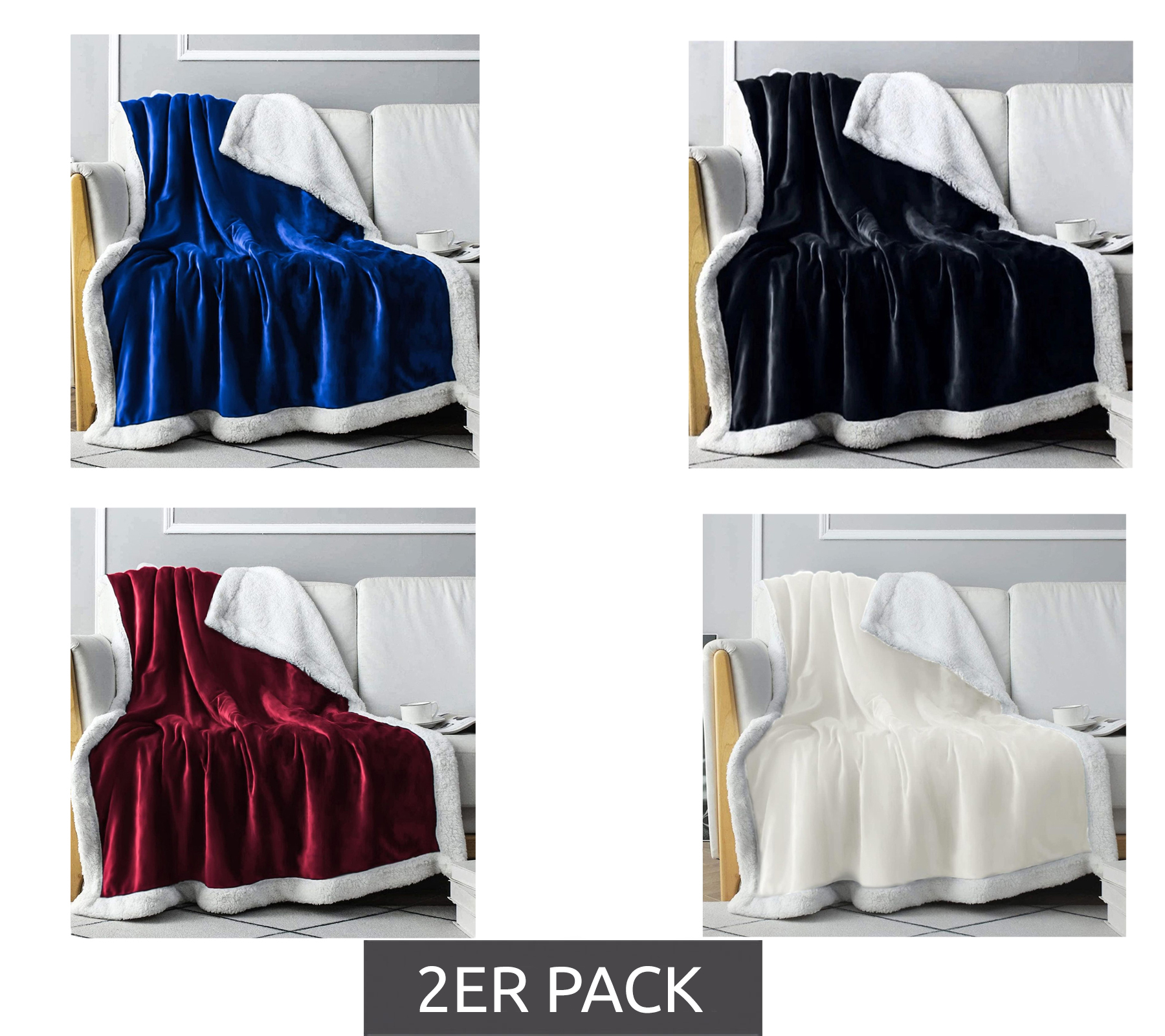 2er Sparpack wendbare Everlasting Comfort Plüsch-Sherpa-Fleecedecke Kuscheldecke 127 x 165 cm Blau, Schwarz, Weinrot und Schnee-Weiß