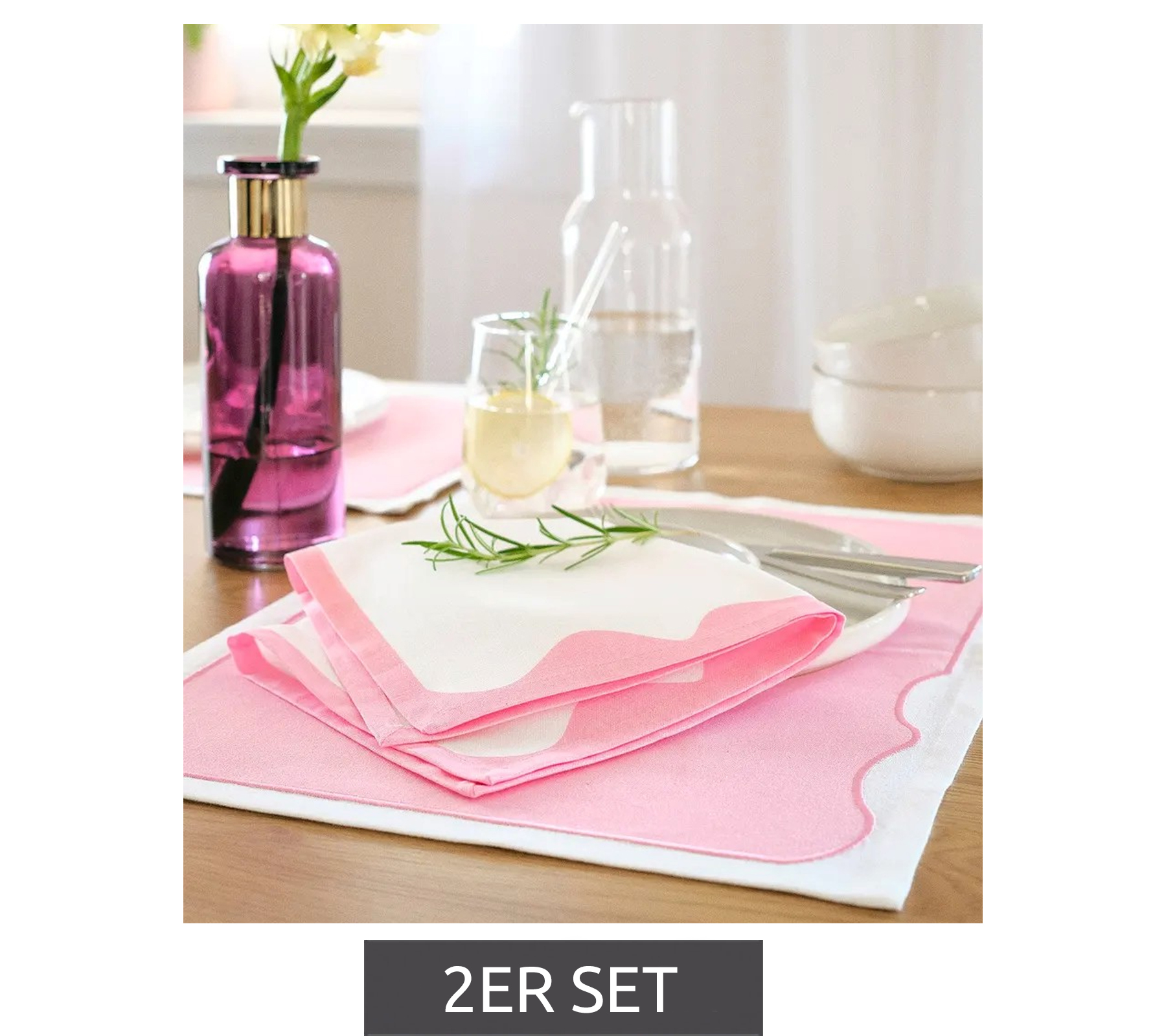 2er Tischsets aus Bio Baumwolle mit farbiger Kante Wohn-Dekoration Tischschmuck 30x40cm 931860 Weiß/Rosa