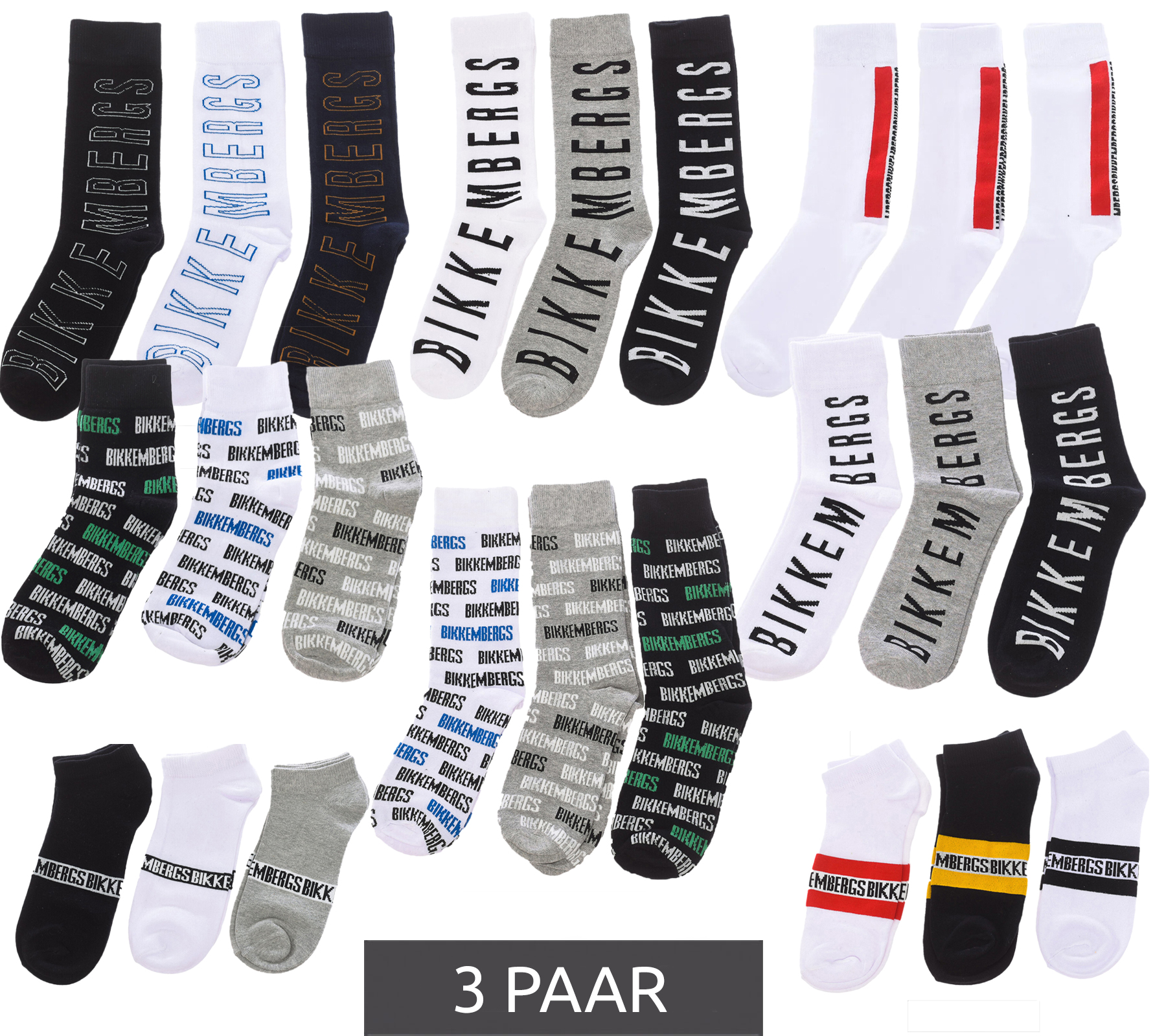 3 Paar BIKKEMBERGS Damen & Herren Tennis-Socken mit Marken Schriftzug Baumwoll-Strümpfe Weiß/Schwarz/Grau/Blau