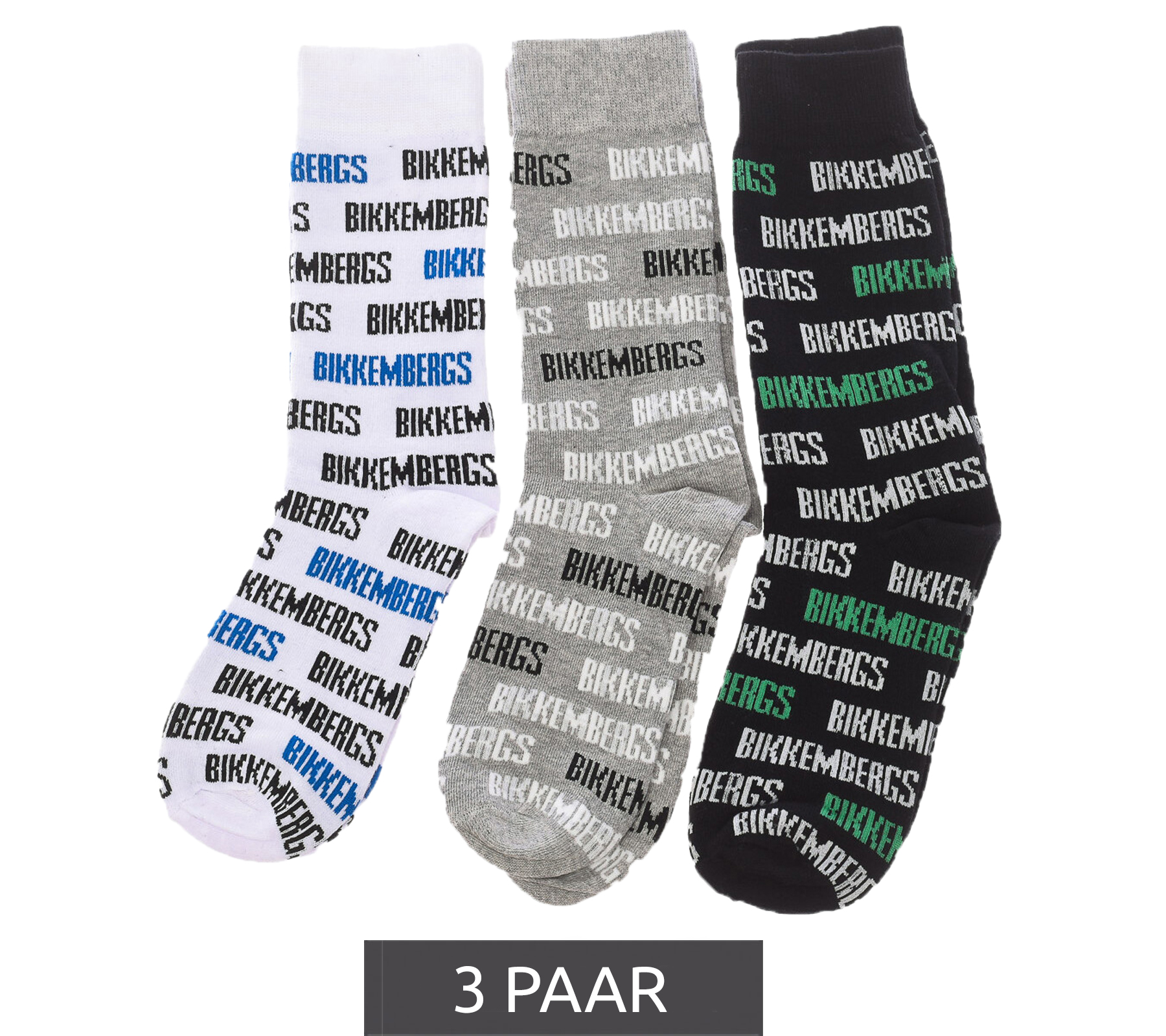 3 Paar BIKKEMBERGS Surtido Herren Tennis-Socken mit Allover Marken-Print Baumwoll-Strümpfe BF_010 Weiß/Schwarz/Grau