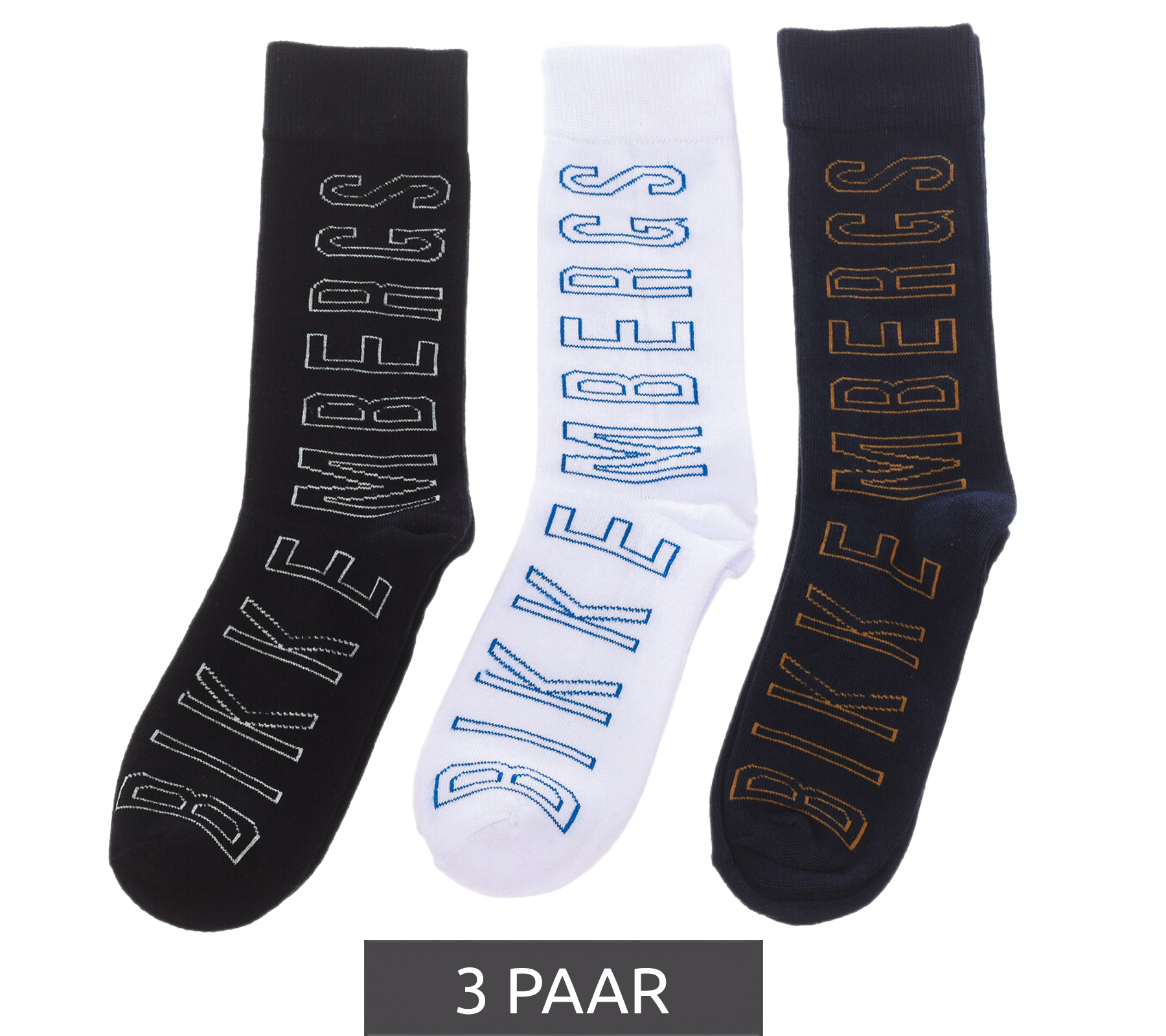 3 Paar BIKKEMBERGS Surtido Herren Tennis-Socken mit großem Schriftzug Baumwoll-Strümpfe BF_012 Weiß/Schwarz/Blau