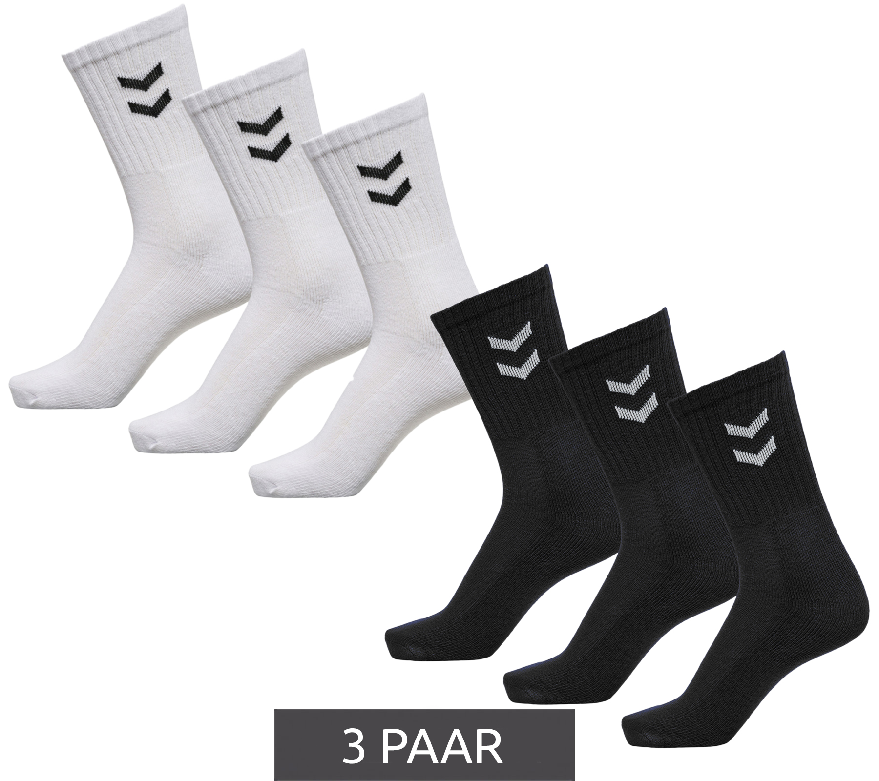3 Paar Damen & Kinder hummel Basic Crew-Socken mit Kontrastwinkel Baumwoll-Strümpfe Sport-Socken 022030 Schwarz oder Weiß