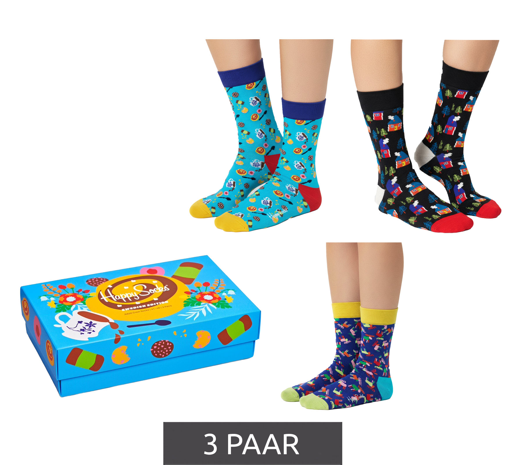 3 Paar Happy Socks Swedish Edition Damen Baumwoll-Socken Sparpack Alltags-Strümpfe in Geschenk-Box XSWE08-6700 Blau/Schwarz