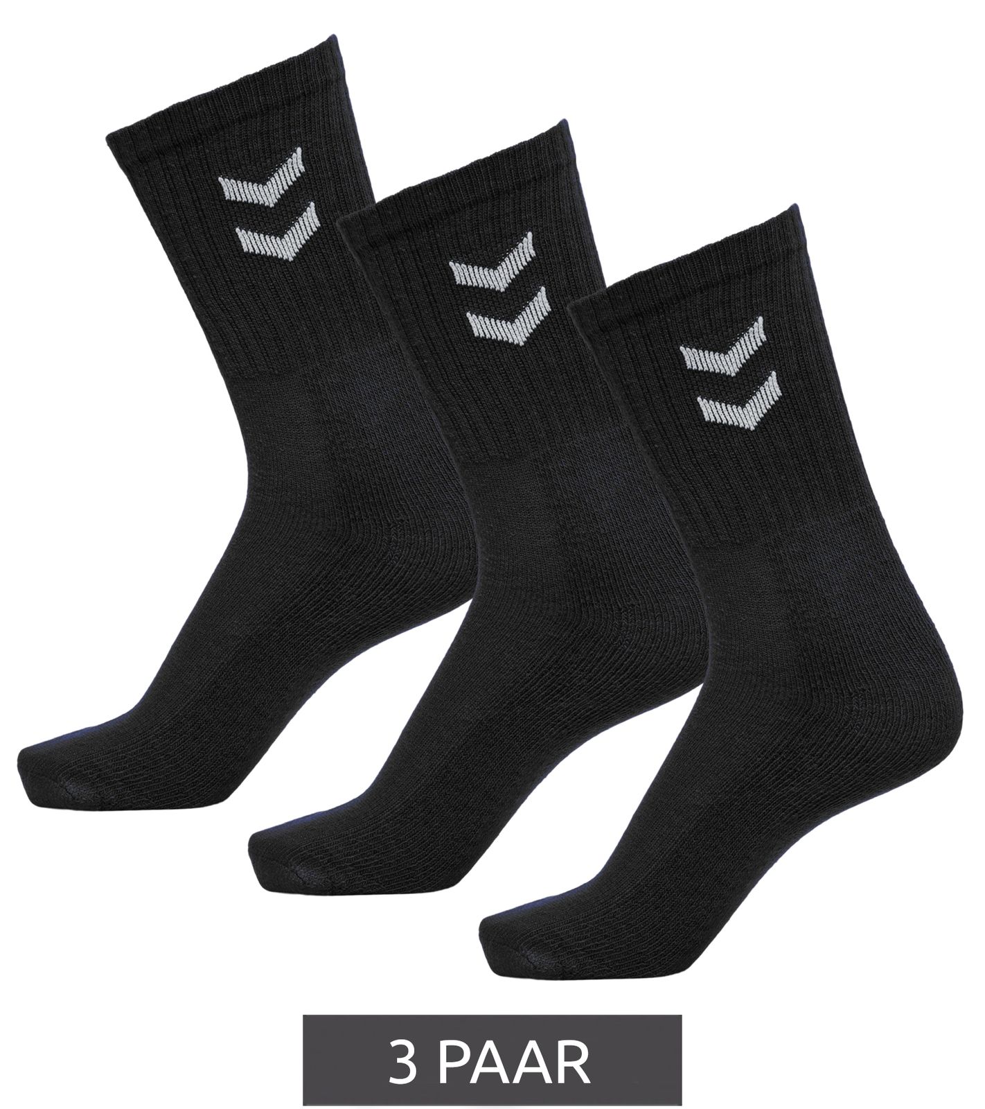 3 Paar hummel Damen & Kinder Basic Damen Crew-Socken mit Kontrastwinkel Kinder Baumwoll-Strümpfe Sport-Socken 022030-2001 Schwarz