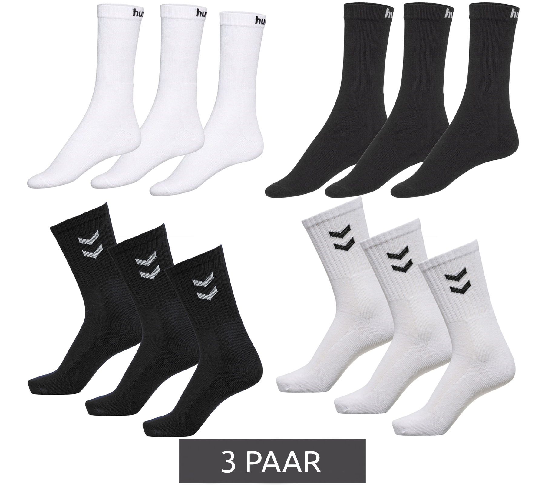 3 Paar hummel Damen & Kinder Basic Sport-Socken Baumwoll-Strümpfe Alltags-Socken mit Marken-Schriftzug 205603 oder Kontrastwinkel 022030 in Weiß oder Schwarz