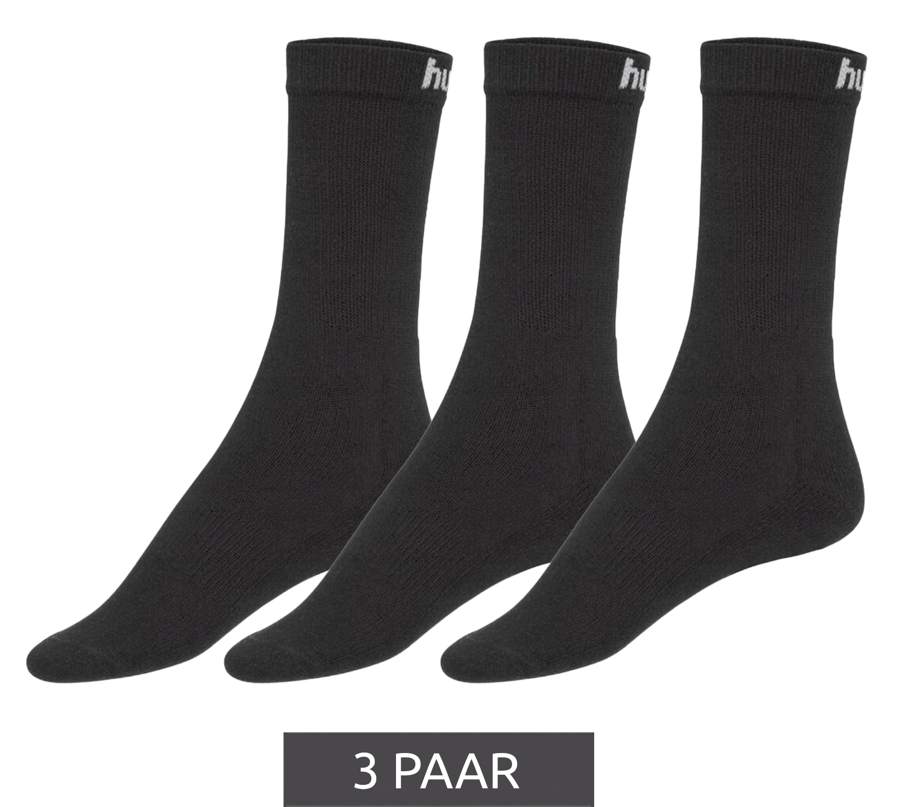 3 Paar hummel Damen & Kinder Basic Sport-Socken mit Marken-Schriftzug Baumwoll-Strümpfe Alltags-Socken 205603 2001 Schwarz