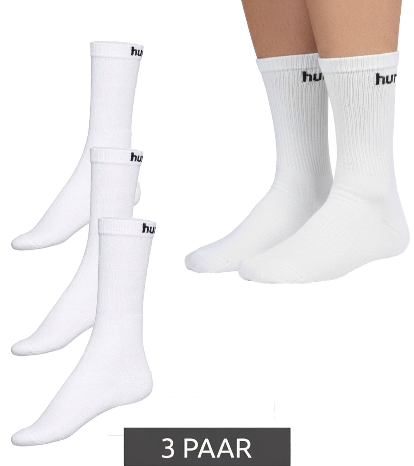 3 Paar hummel Damen & Kinder Basic Sport-Socken mit Marken-Schriftzug Baumwoll-Strümpfe Alltags-Socken 205603 9001 Weiß