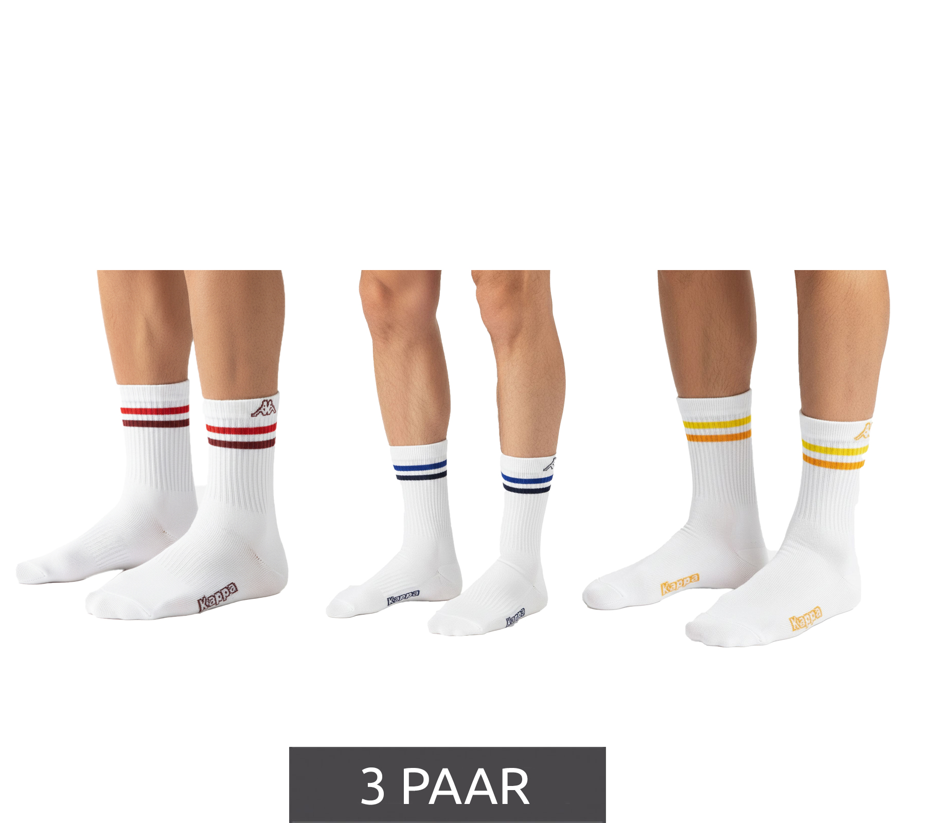 3 Paar Kappa Tennis-Socken Baumwoll-Strümpfe mit Kappa-Logo Alltags-Socken 371F4ZW A01 Weiß