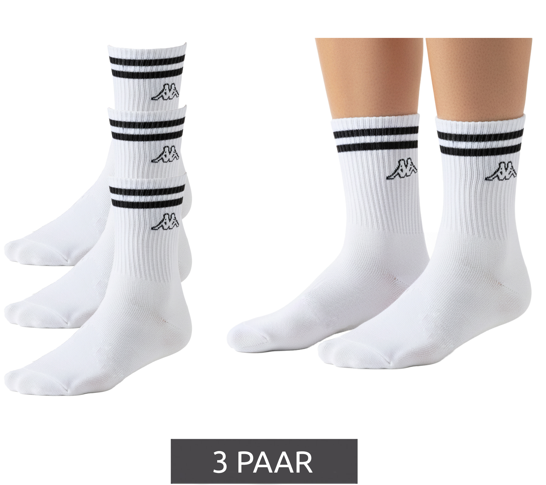 3 Paar Kappa Tennis-Socken Baumwoll-Strümpfe mit Markendruck Alltags-Socken 371E7JW A00 Weiß