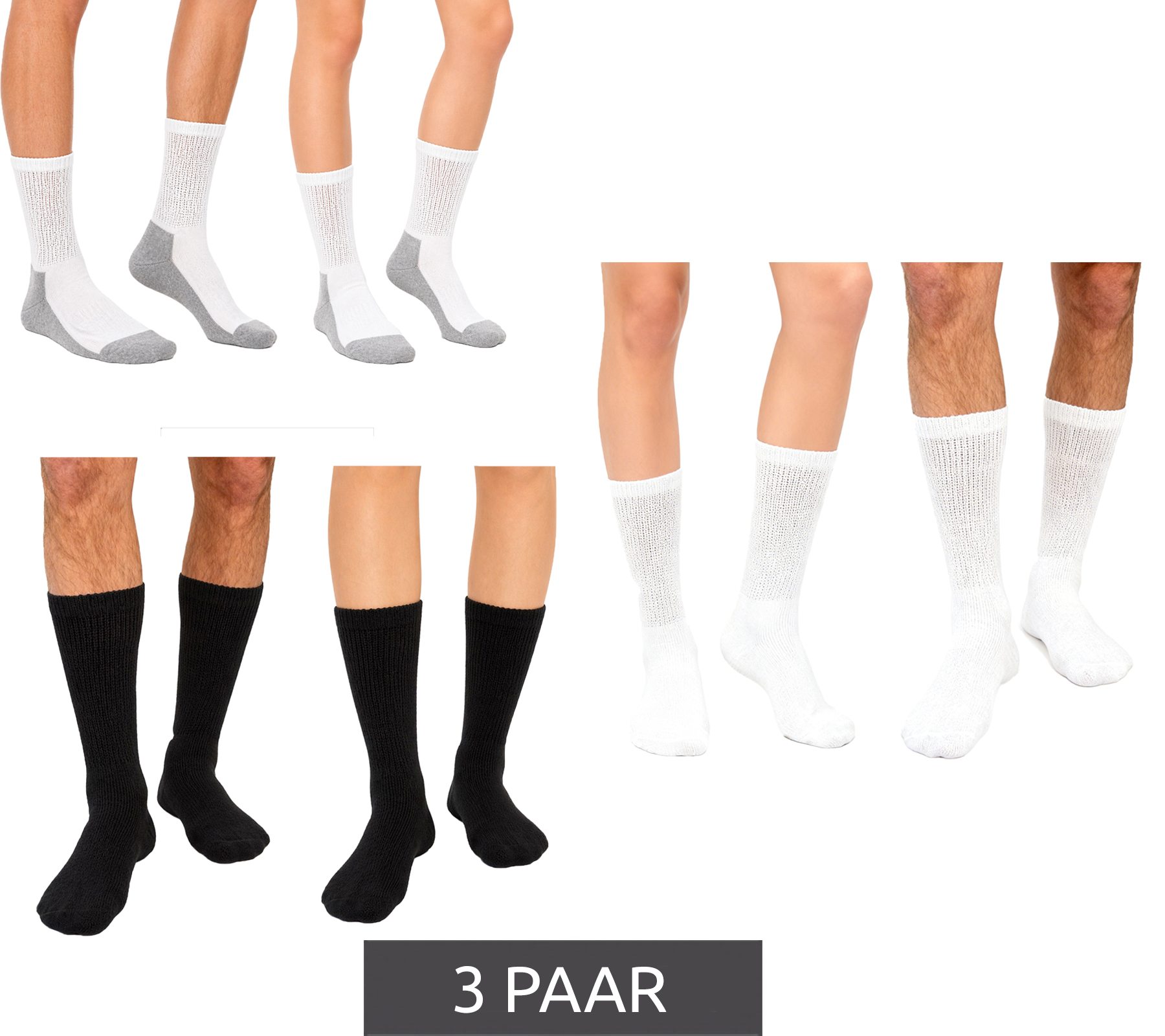 3 Paar kreislauffreundliche SOCKSWEAR Diabetiker-Socken Damen und Herren Baumwoll-Strümpfe mit Komfortbund Weiß, Schwarz oder Weiß/Grau