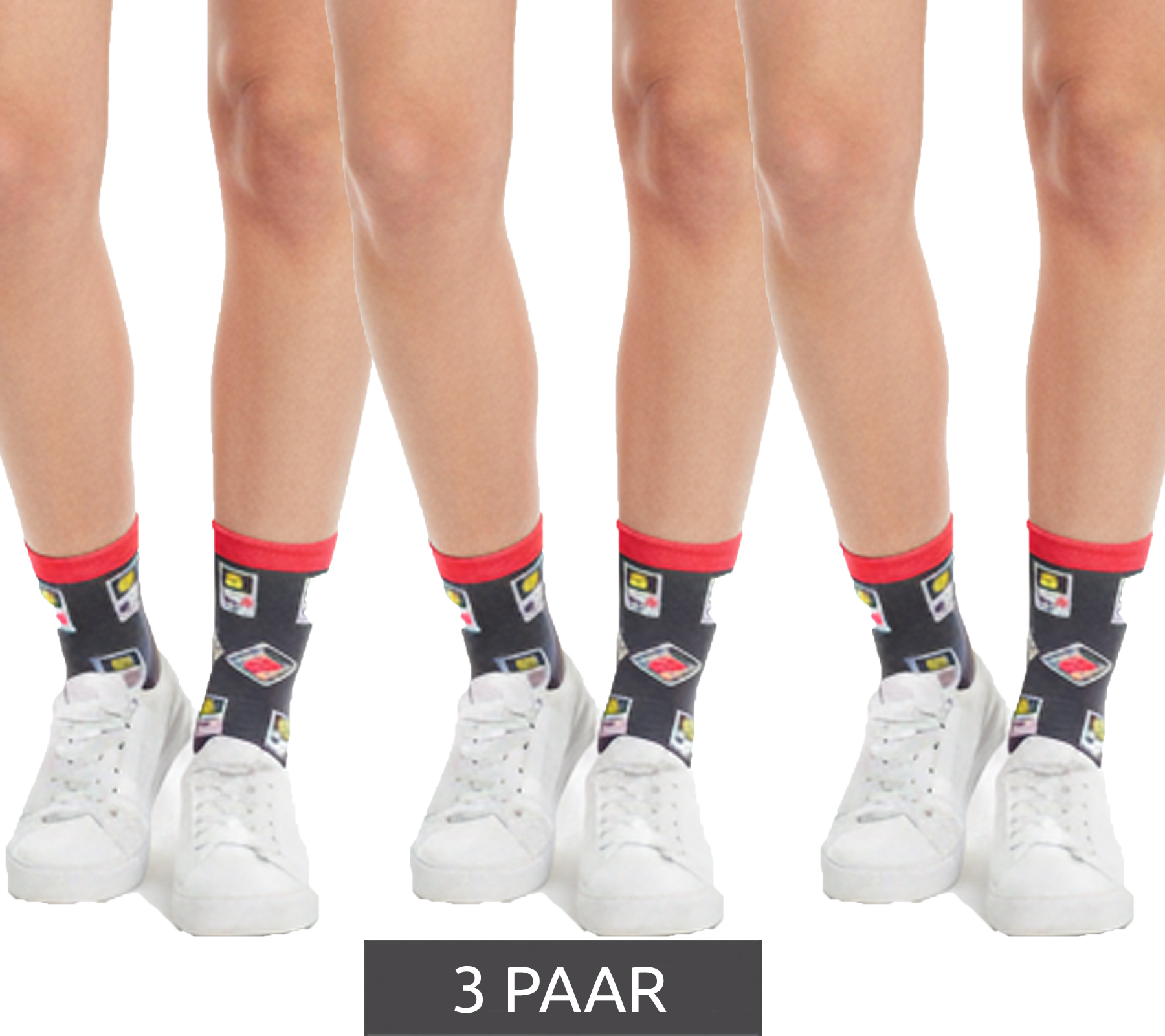 3 Paar Moustard Baumwoll-Socken mit Retro-Game Design Gameboy lange Strümpfe 22S-GAME Grau/Rosa/Weiß