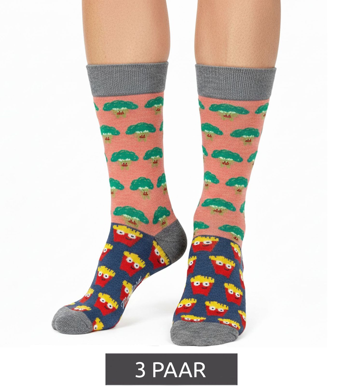 3 Paar Moustard Broccoli vs Fries Herren Baumwoll-Socken mit Pommes und Brokkoli Allover-Print gemusterte lange Strümpfe 18S-BROC Grau/Rosa/Gelb