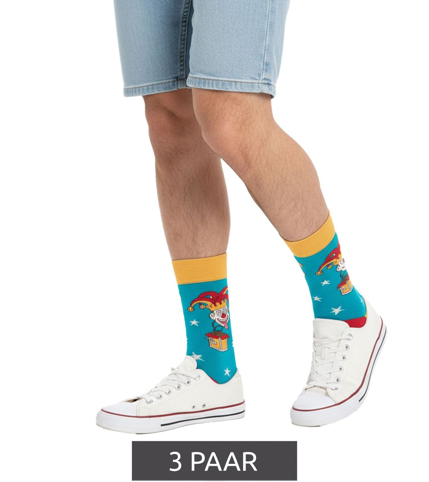 3 Paar Moustard Jack in the Box Baumwoll-Socken Schachtel-Teufel Design gestreifte lange Strümpfe 20S-JACK Rot/Gelb/Blau