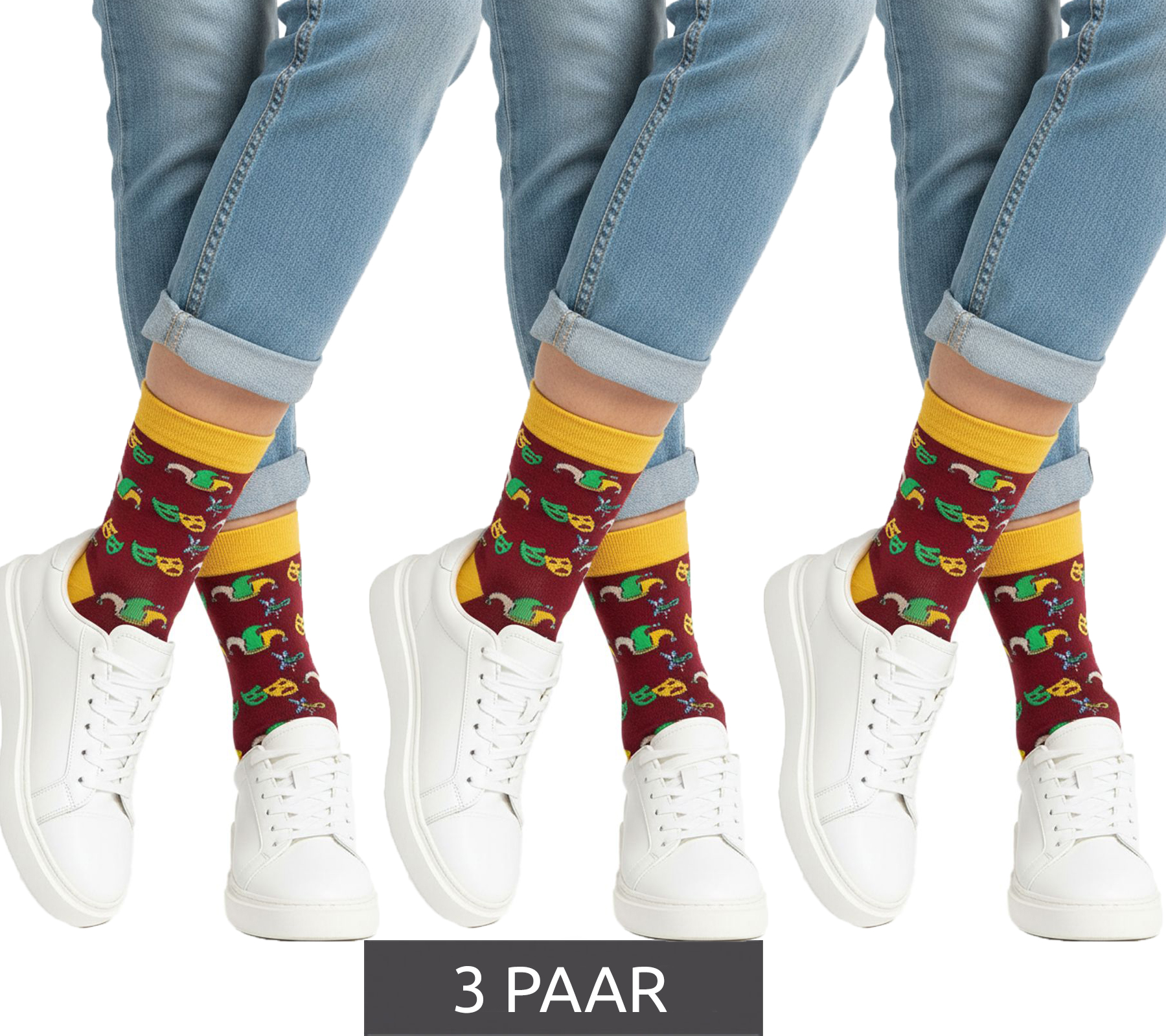 3 Paar Moustard Mardi Grass Herren Baumwoll-Socken mit Harlekin und Narrenkappen Allover-Print gemusterte lange Strümpfe 17S-MGRASS-M Gelb/Dunkelrot/Gelb