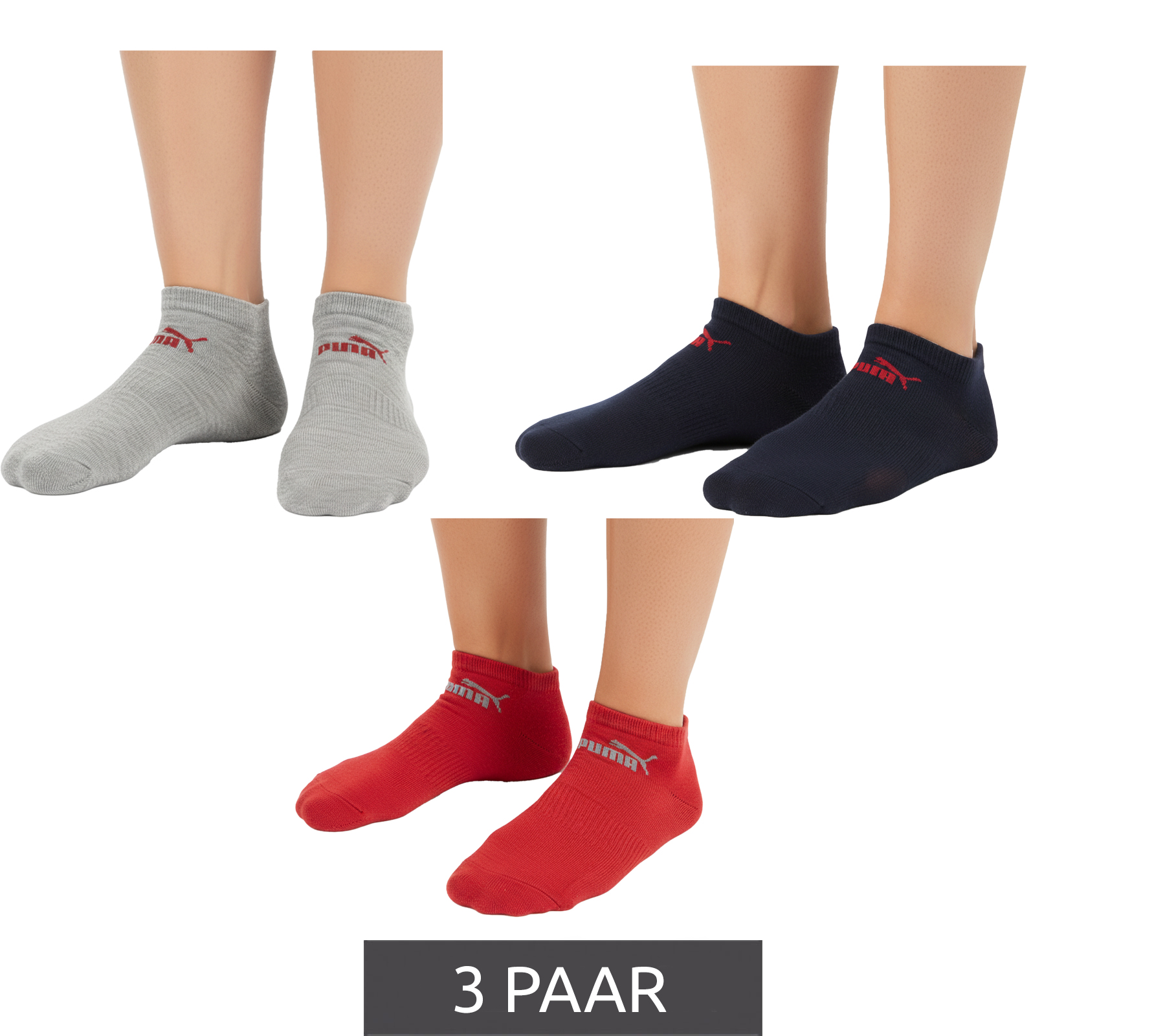 3 Paar PUMA Herren Baumwoll-Socken schlichte Sneaker-Socken Kurz-Socken Baumwoll-Socken Strümpfe 701213401-006 Grau/Rot/Dunkelblau