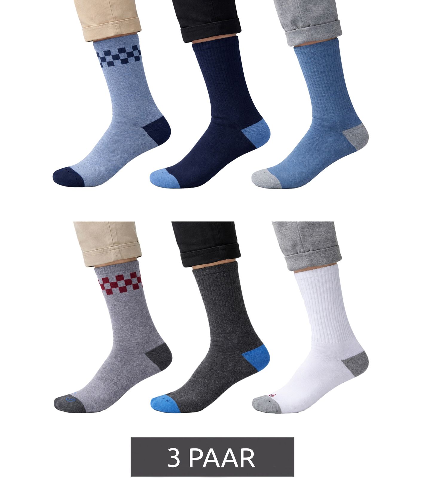3 Paar SCOTCH & SODA Herren Terry-Crew-Socken Alltags-Strümpfe Baumwoll-Socken Größe 41-46 Business-Socken SS43491 in Navy/Blau/Hellblau oder Dunkelgrau/Grau/Weiß