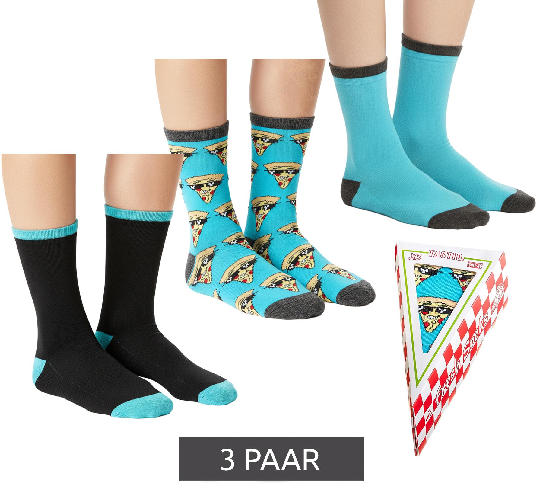 3 Paar TASTIQ Baumwoll-Socken mit Pizza-Print lange Strümpfe in stylischer Pizza-Geschenkbox fresh Socks Tas/1/CSX3/PIZ Blau/Schwarz/ Gelb