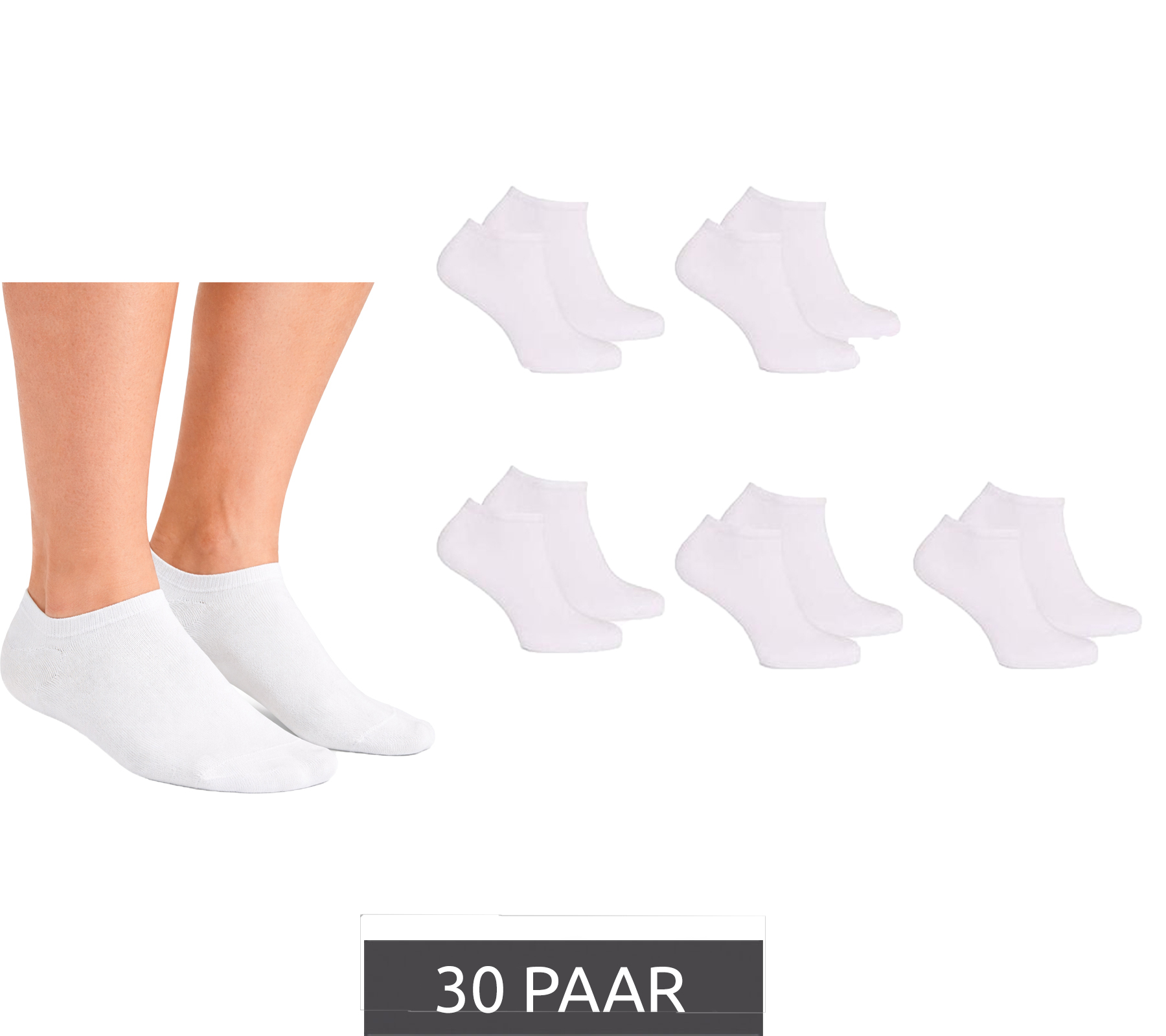 30 Paar CAPPUCCINO ITALIA Damen & Herren Bambus-Sneaker-Socken Kurzsocken PC 101B Weiß