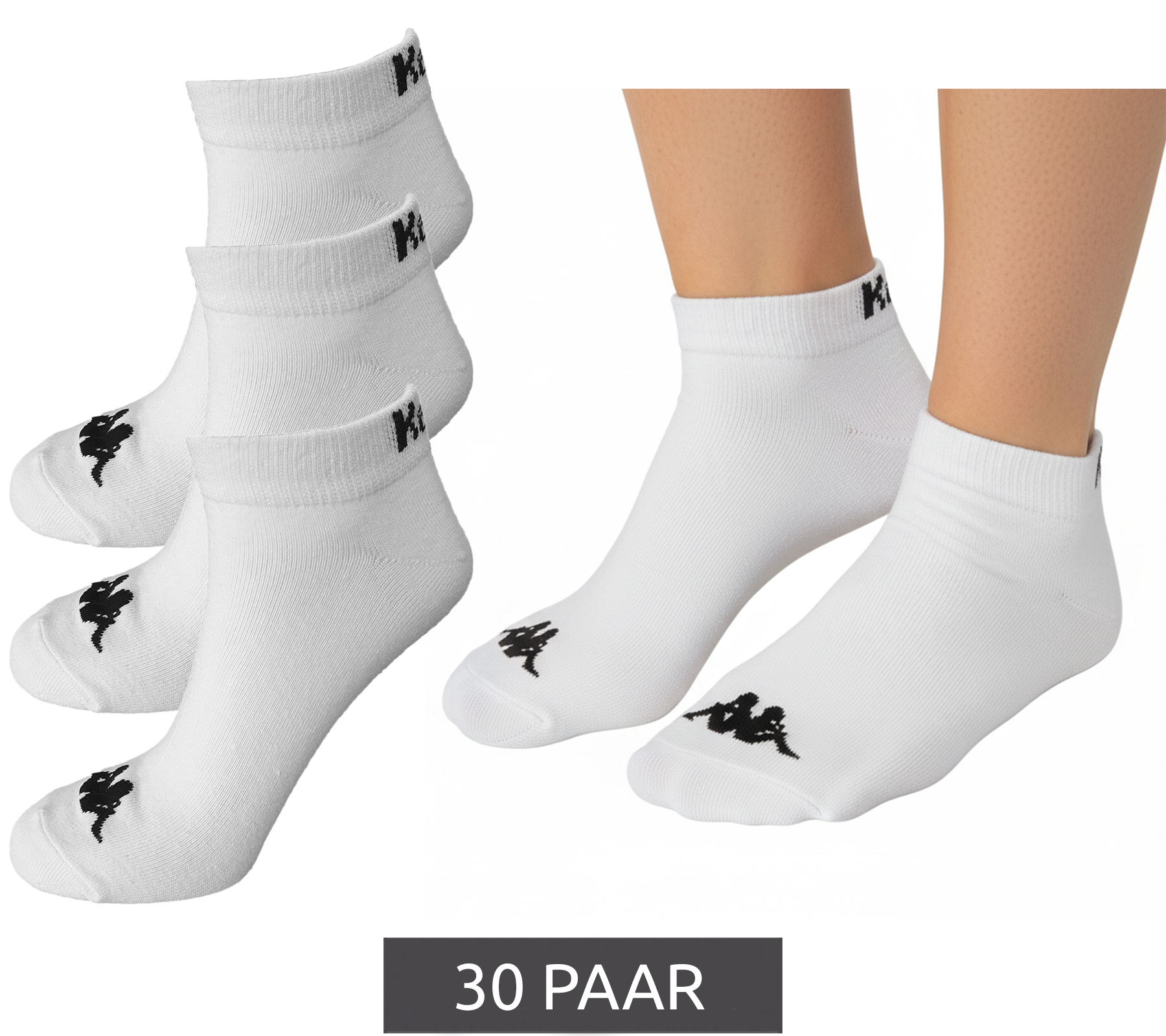 30 Paar Kappa Sportsocken Sneaker-Socken Baumwoll-Strümpfe mit Logo 3112YCW A00 Weiß