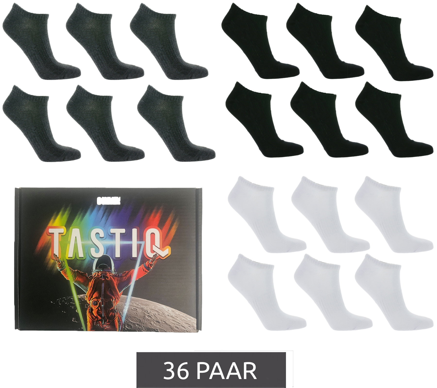 36 Paar TASTIQ Sneaker-Socken schlichte Baumwoll-Socken in Geschenkbox Sport-Socken Strümpfe Schwarz, Grau oder Weiß