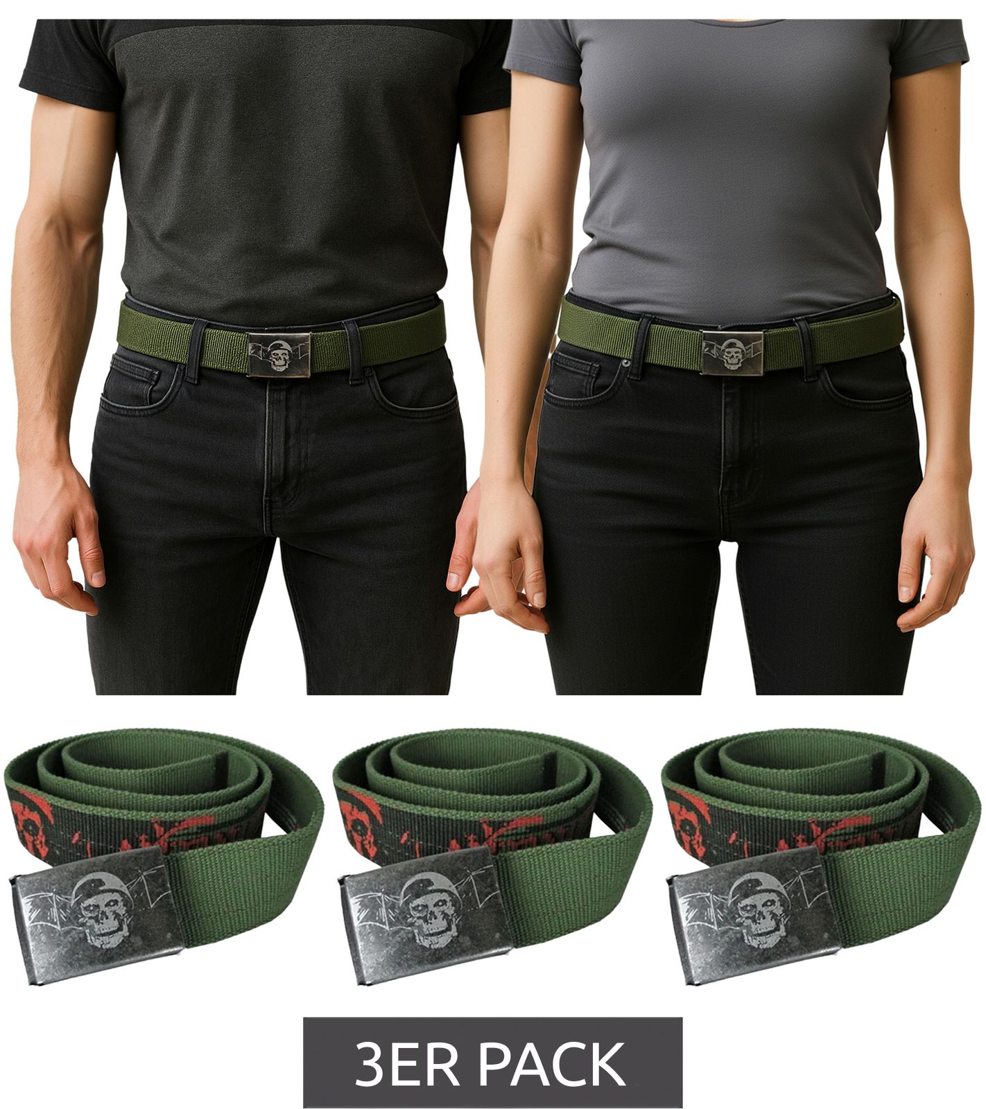 3er Pack Avenged Sevenfold A7X Gürtel von der Metal-Band Stoff-Gürtel Totenkopf mit Stahlhelm und Fledermausflügel Alltags-Gürtel für Damen und Herren ca. 126cm mit Band-Schriftzug BT111786ASF0 Oliv-Grün