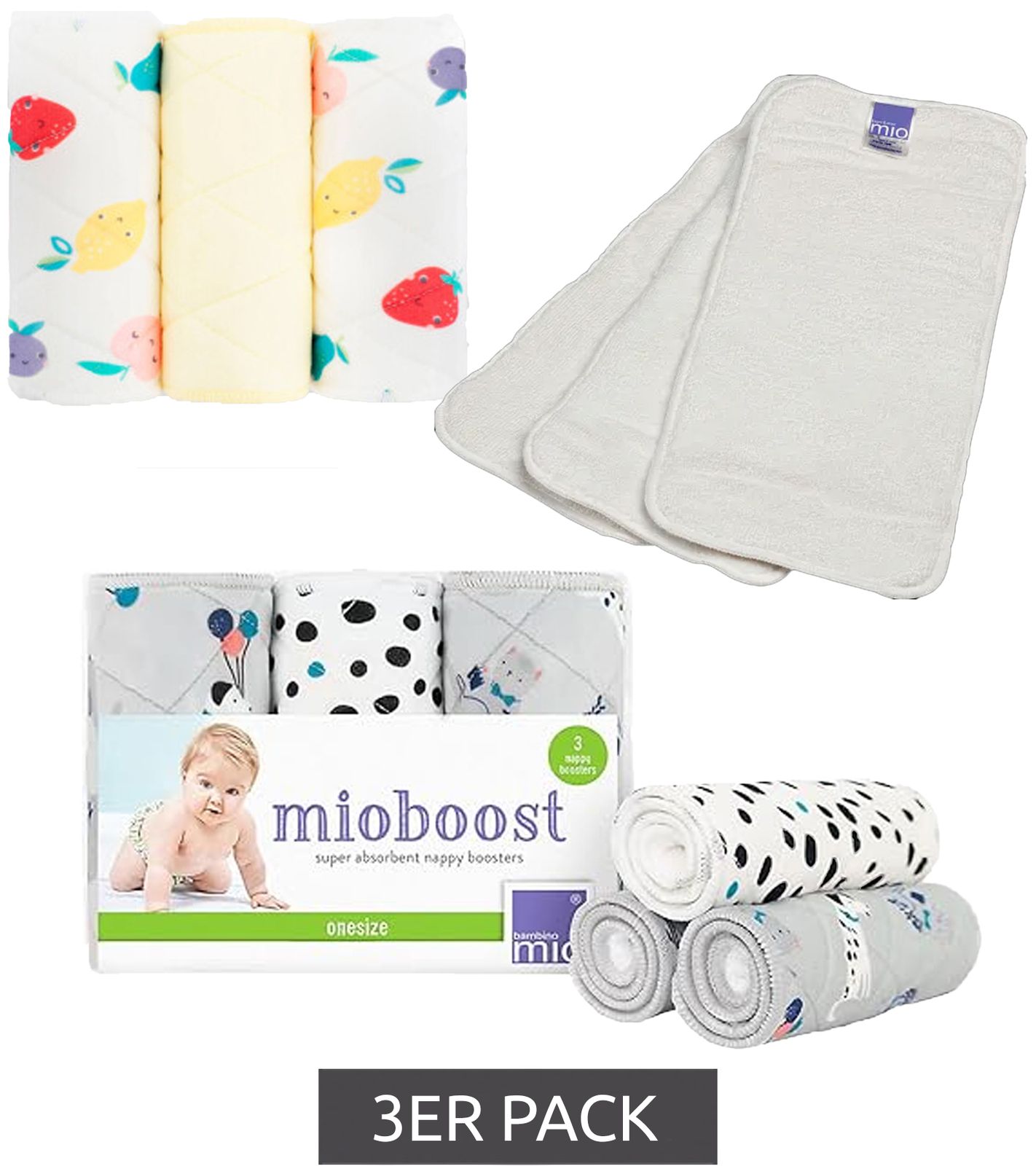 3er Pack Bambino Mio Baby Klein-Kinder Saugeinlage mit Stay-dry Oberschicht wiederverwendbare Stoffwindel-Einlage Weiß Einfarbig, Früchte-Print oder Tier-Print