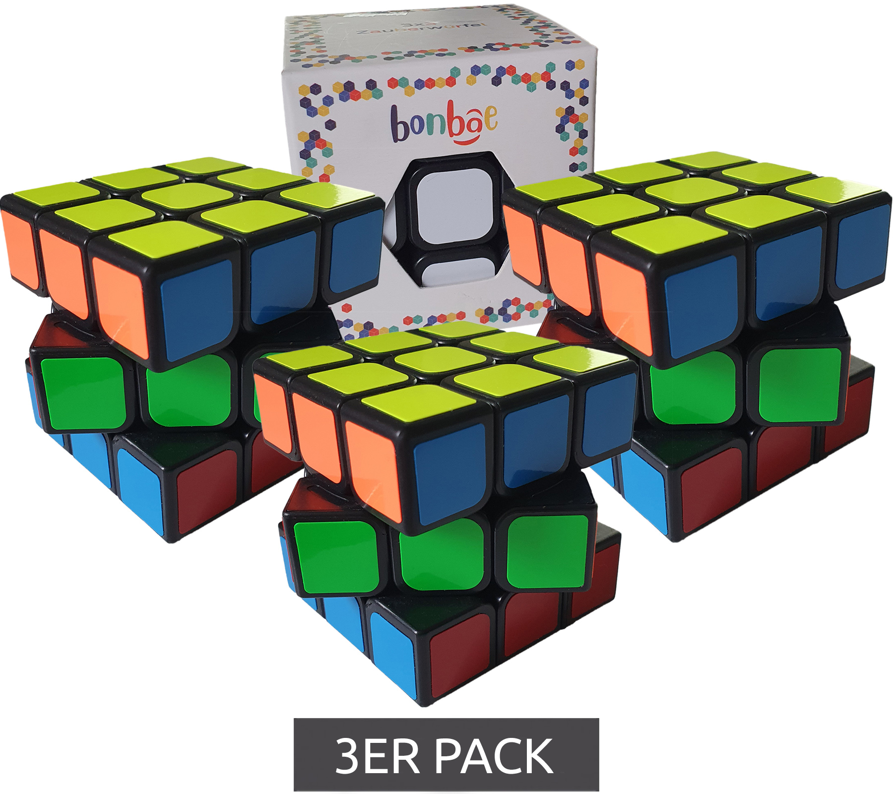 3er Pack bonbae Zauberwürfel 3x3 für Kinder und Erwachsene Puzzle-Spiel fördert Konzentration Logik und Geschick Lern-Spiel Schwarz/Bunt
