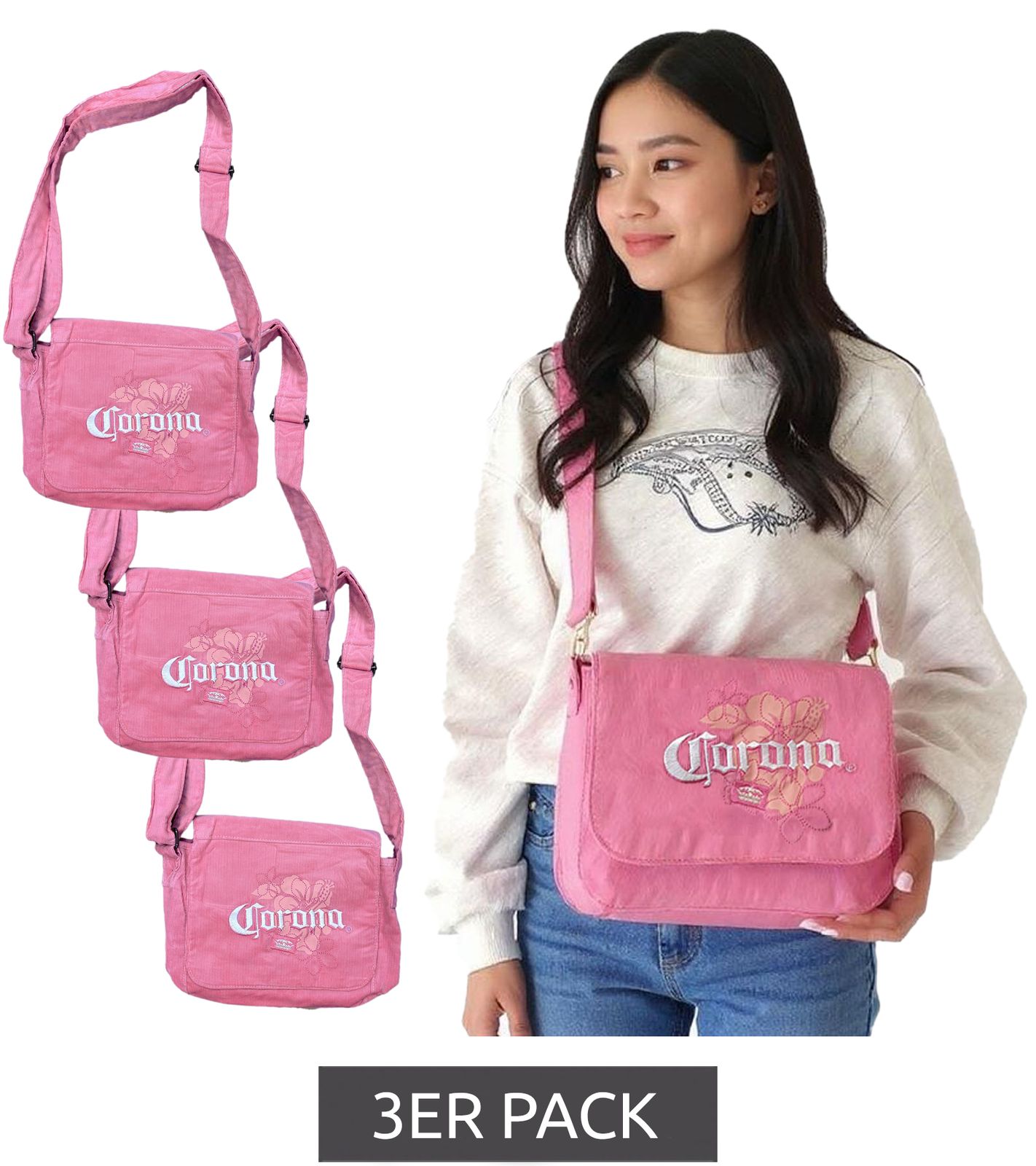 3er Pack Corona Bier Vintage Tasche Damen Schultertasche kleiner Shopper Fanartikel Logo-Stickerei Canvas Rosa