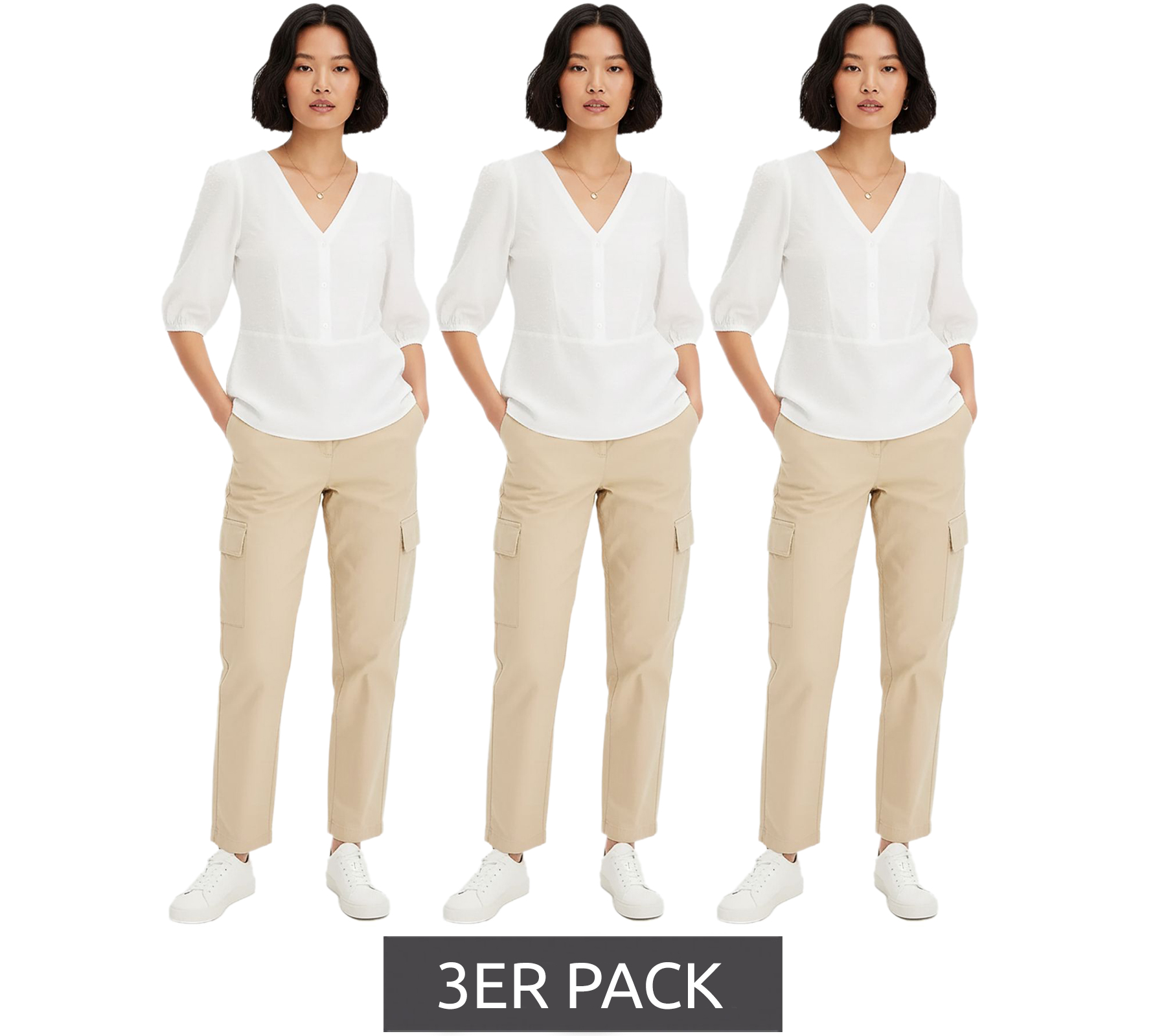 3er Pack Damen Bluse aus feinem Viskose-Mix Sommer-Shirt 3/4 Arm Sparpack 696075 Weiß