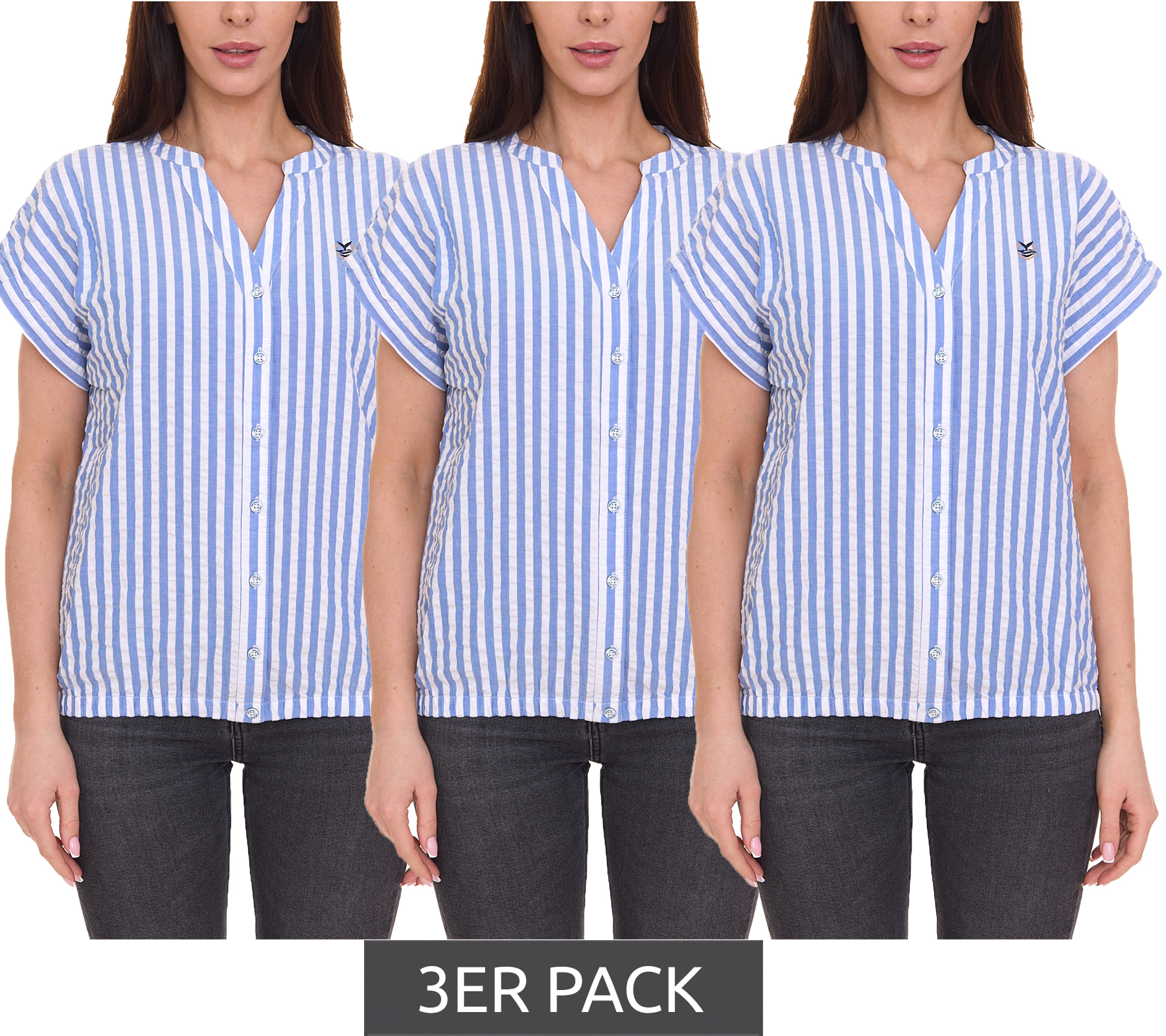 3er Pack DELMAO Damen Sommer-Bluse gestreift Kurzarm-Bluse Sommer-Shirt 64287360 Blau/Weiß