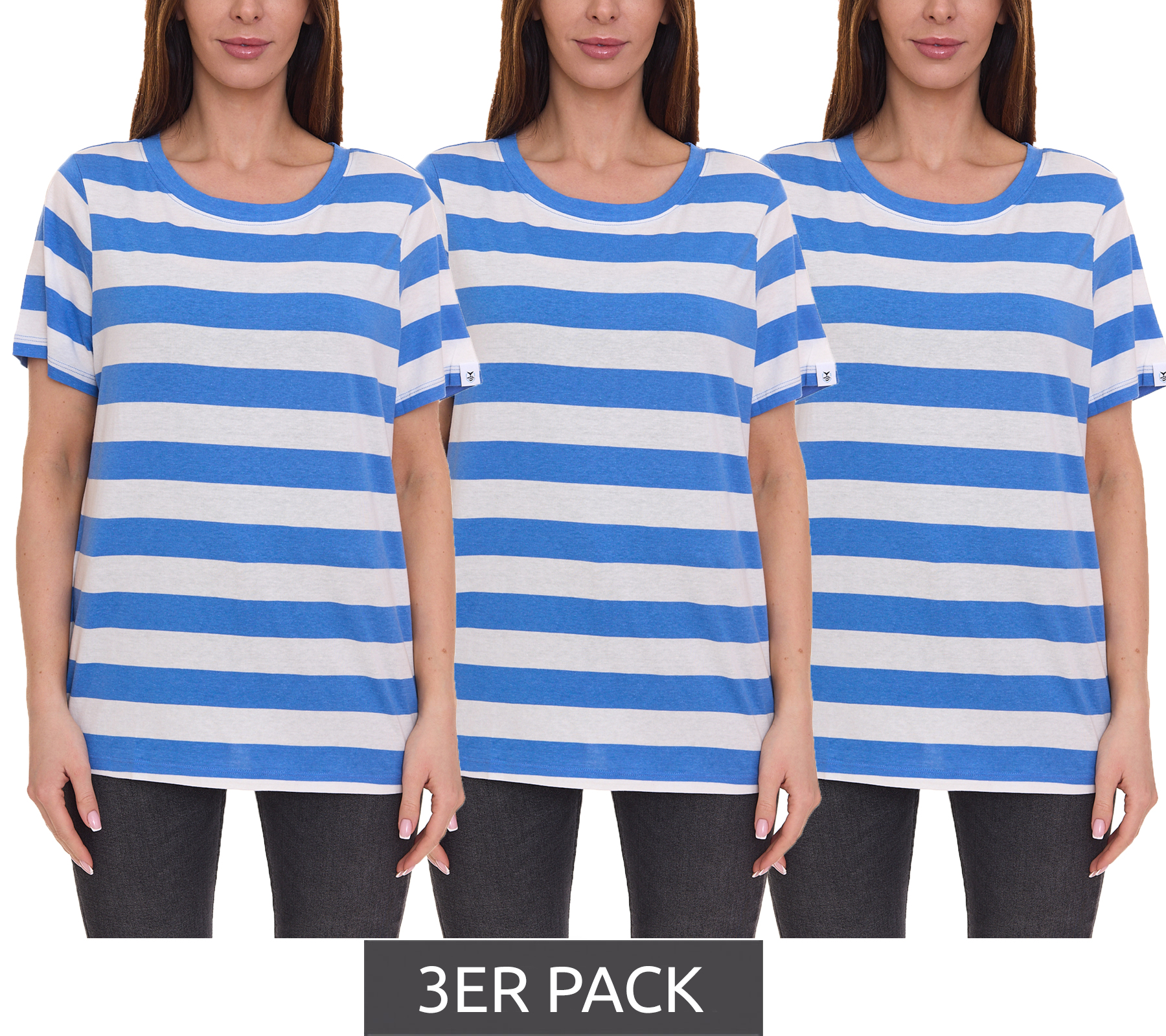 3er Pack DELMAO Damen T-Shirt gestreiftes Rundhals-Shirt 63058126 Blau/Weiß