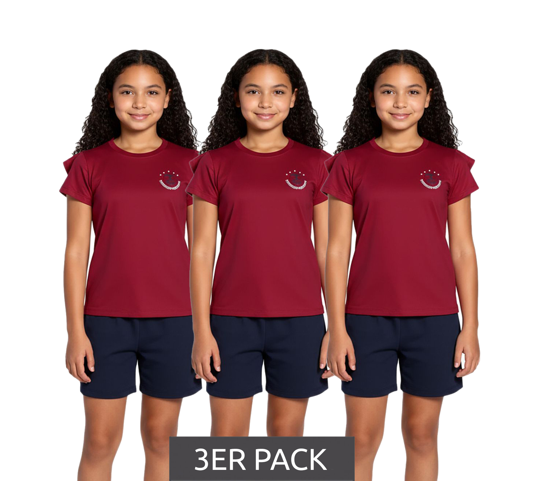3er Pack DELMAO Kinder T-Shirt für Mädchen mit Rüschen an den Ärmeln Baumwoll-Shirt Sommer-Shirt Sparpack 71790542 Rot