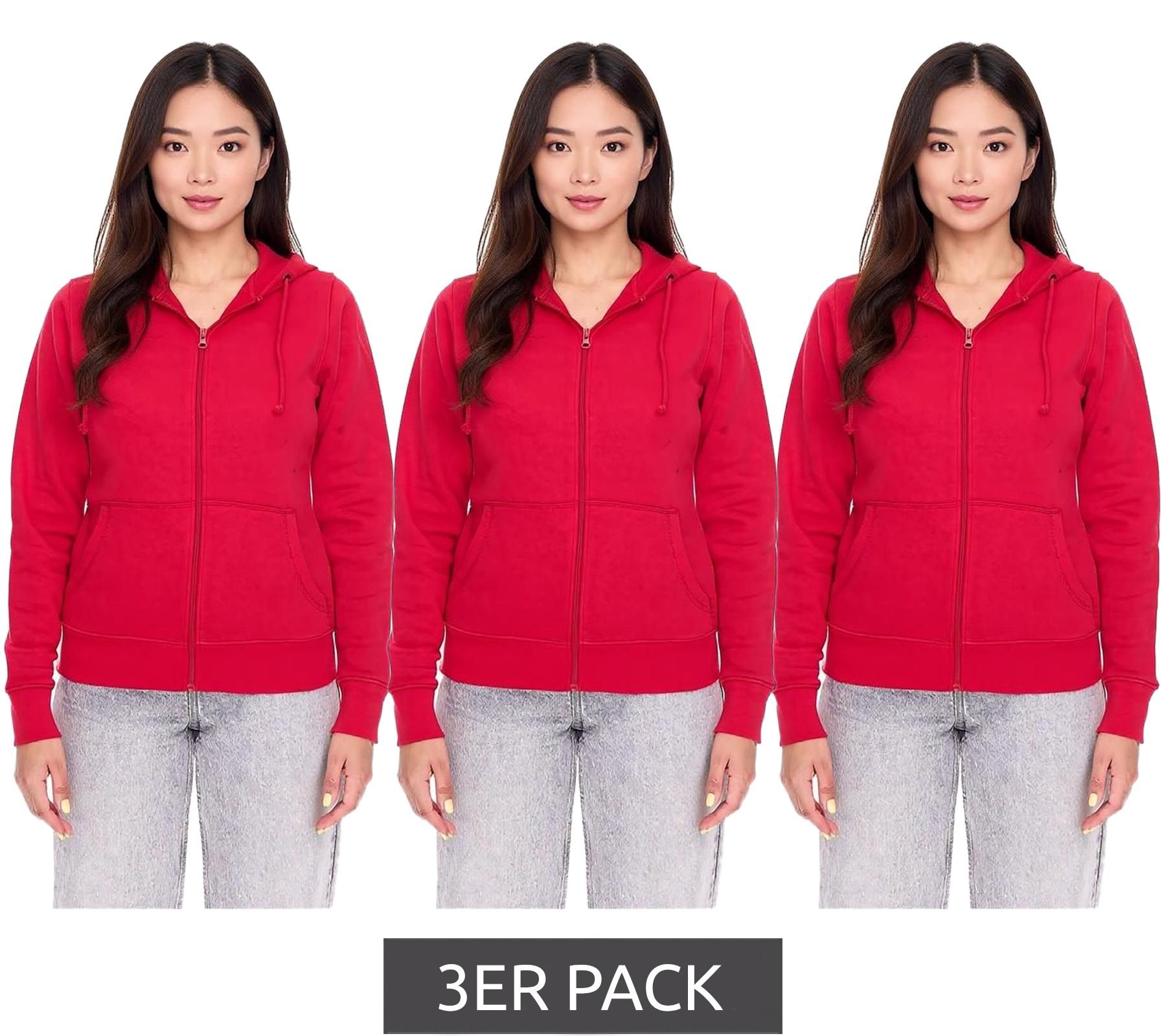 3er Pack ELEVATE Theron Damen Sweat-Jacke mit 240 g/m2 Baumwoll-Sweater Kapuzen-Pullover Hoodie Sparpack 3823025 Rot