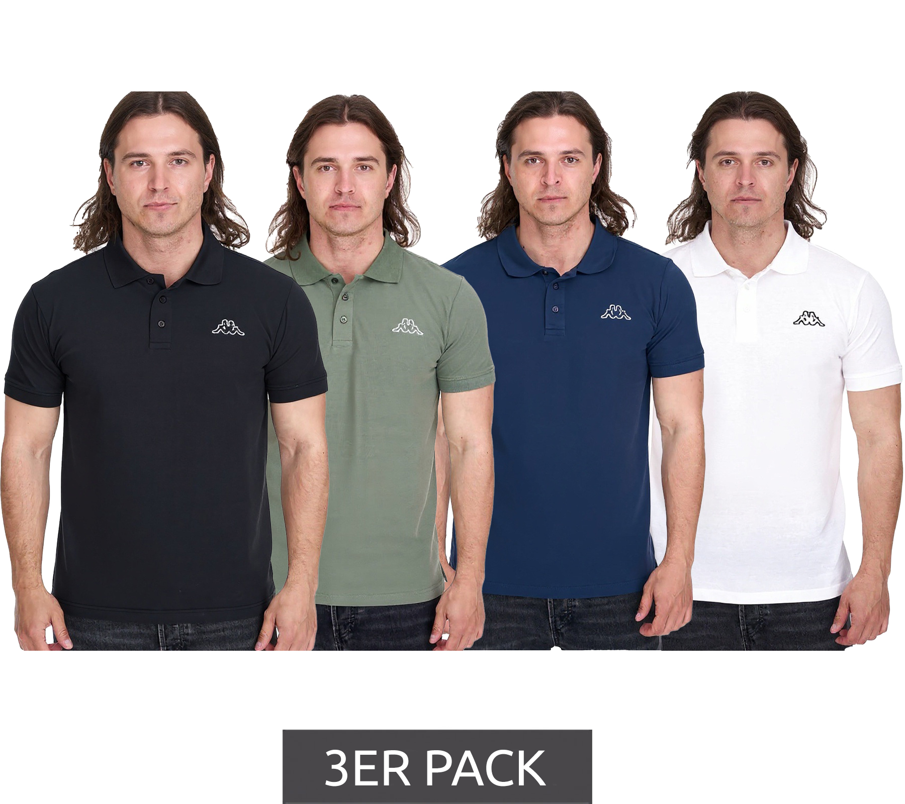 3er Pack Kappa Herren Baumwoll-Polo mit kleiner Stickerei Polo-Hemd Polo-Shirt Kurzarm-Shirt Pique-Strick Sparpack 303173NC Weiß, Schwarz, Dunkelblau oder Grün