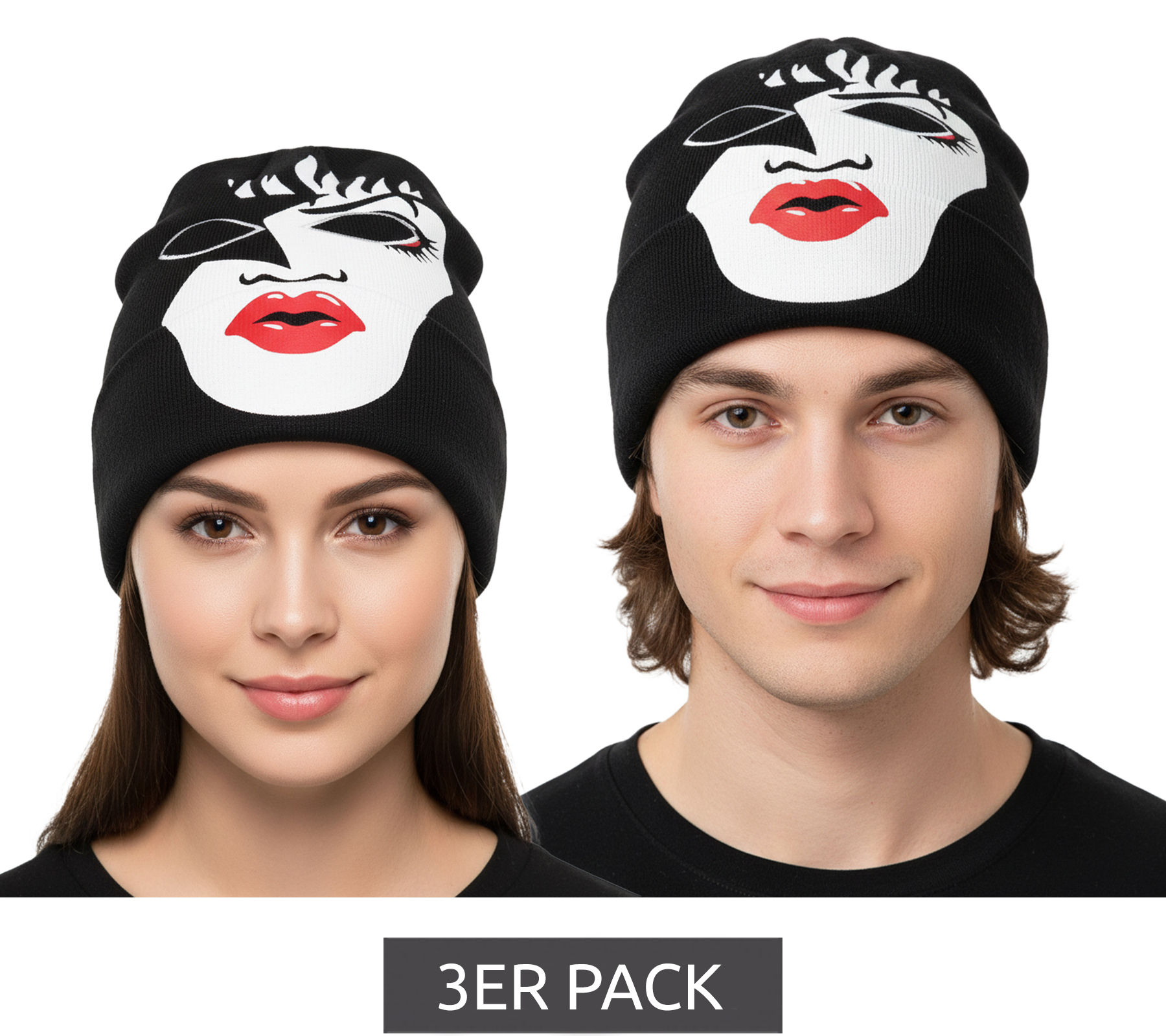 3er Pack KISS Beanie mit großem Front-Print auch als Sturmmaske nutzbar Strick-Mütze Fan-Beanie mit Logo im Nacken Sparpack SK162060KIS Schwarz