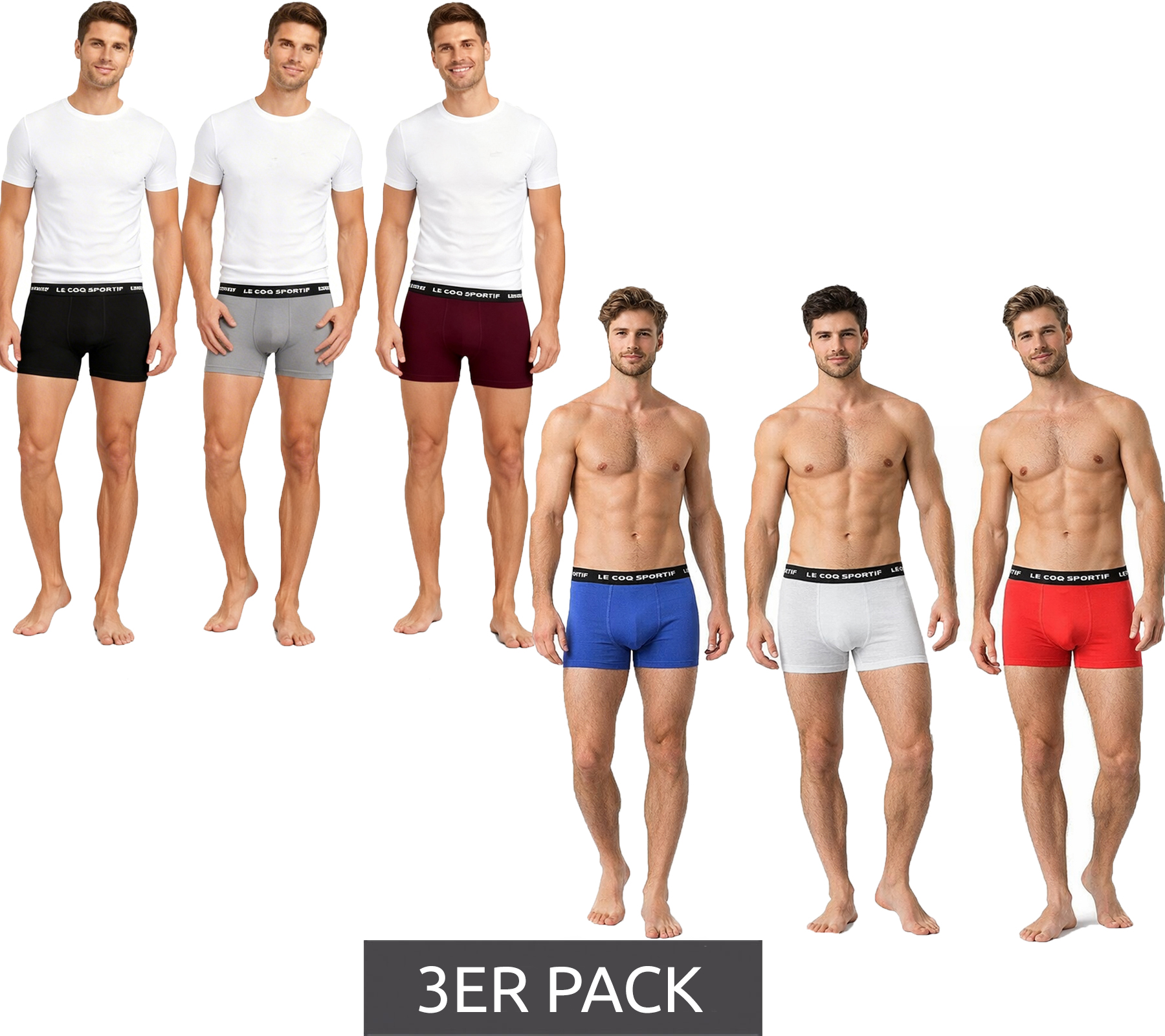 3er Pack Le Coq Sportif Basic Boxer Herren Boxer-Shorts Baumwoll-Unterhose Unterwäsche Grau/Bordeaux/Schwarz oder Rot/Hell-Grau/Blau