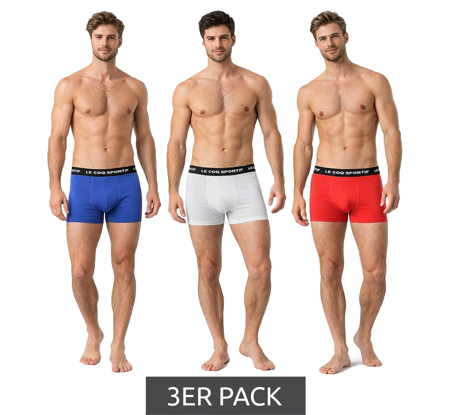 3er Pack Le Coq Sportif Basic Boxer Herren Boxer-Shorts Baumwoll-Unterhose Unterwäsche K46938CO Rot/Grau-meliert/Blau