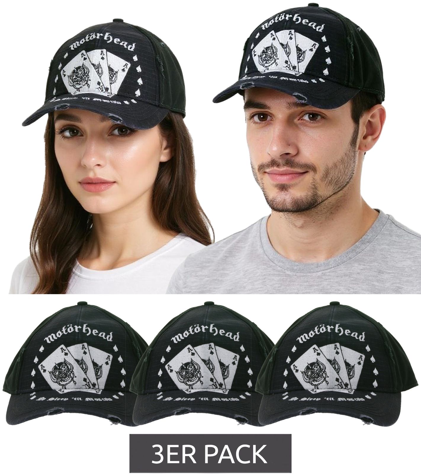 3er Pack Motorhead Cap stylische Baseball-Cap Baumwoll-Cap Fan-Artikel Sparpack TC110387MTR Schwarz/Weiß