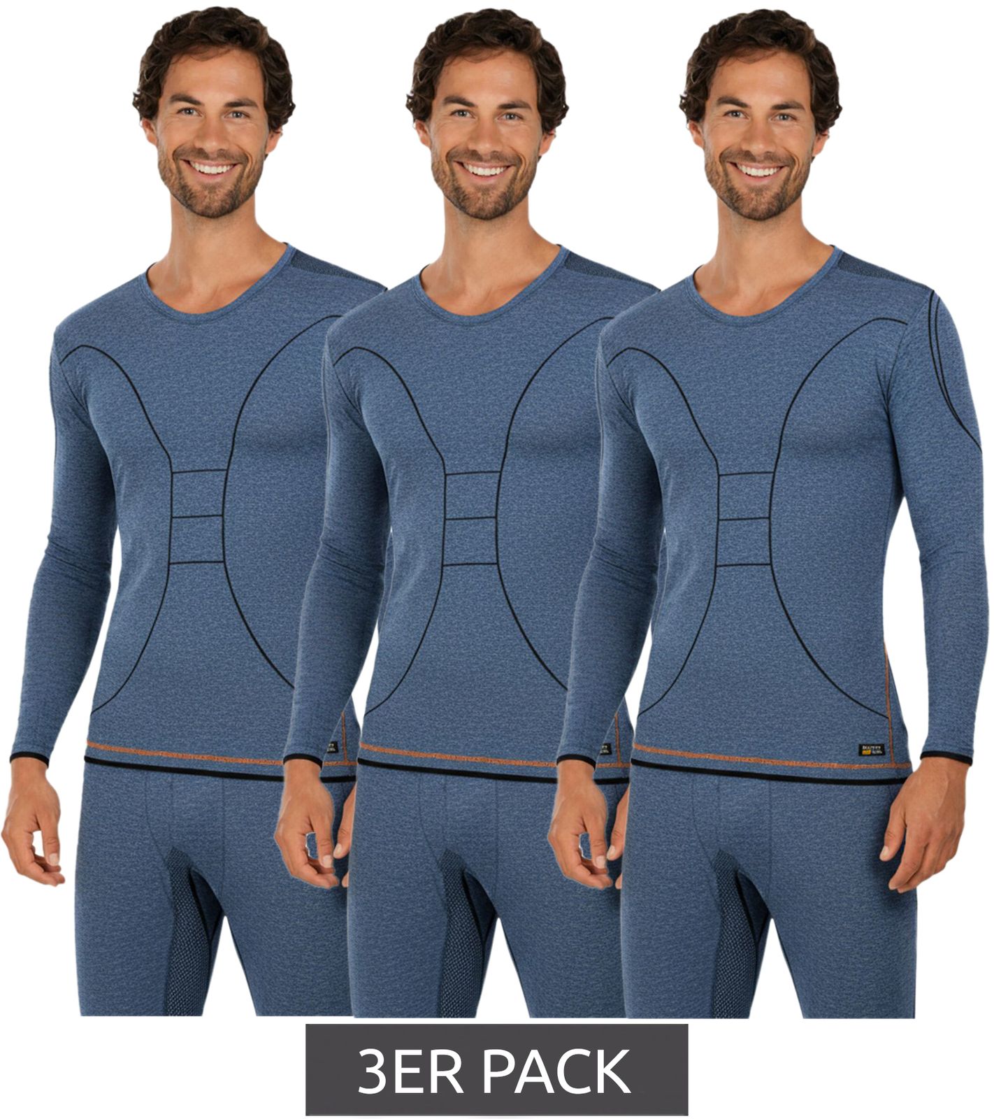 3er Pack Praktisches TOPTEX PRO Herren Funktions-Shirt mit HydroTherm Langarm-Shirt Sport-Shirt mit OEKO-TEX Standard 100 Arbeits-Shirt Blau meliert