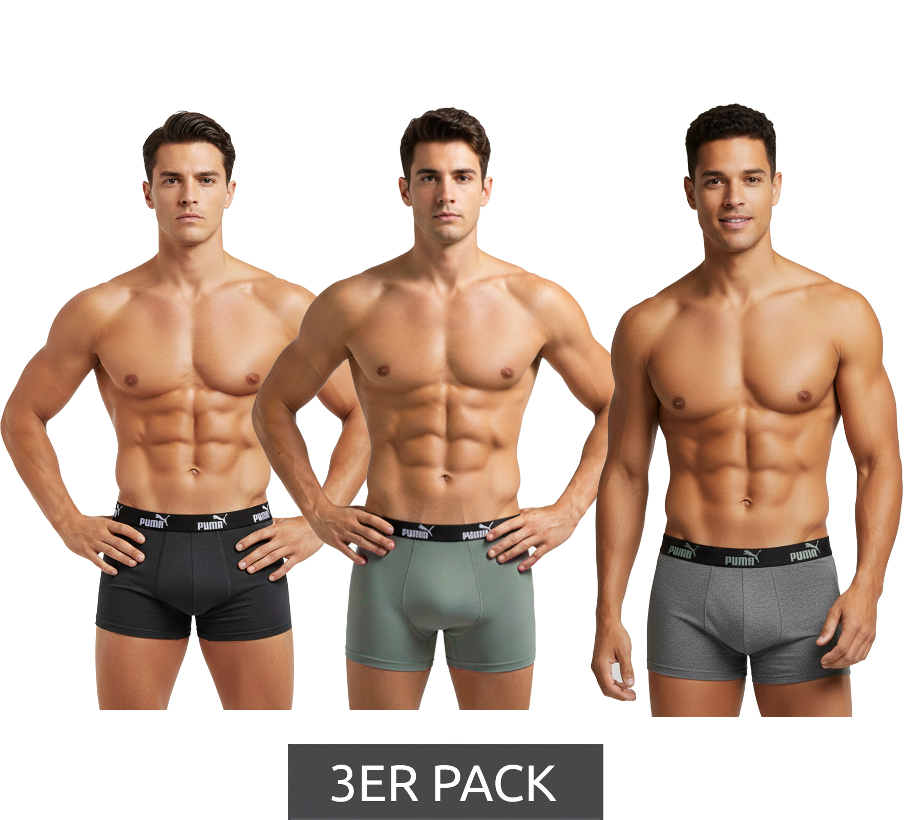 3er Pack PUMA Basic Boxer Herren Boxer-Shorts Baumwoll-Unterhose Unterwäsche 100003547 001 Schwarz/Grau-meliert/Grün