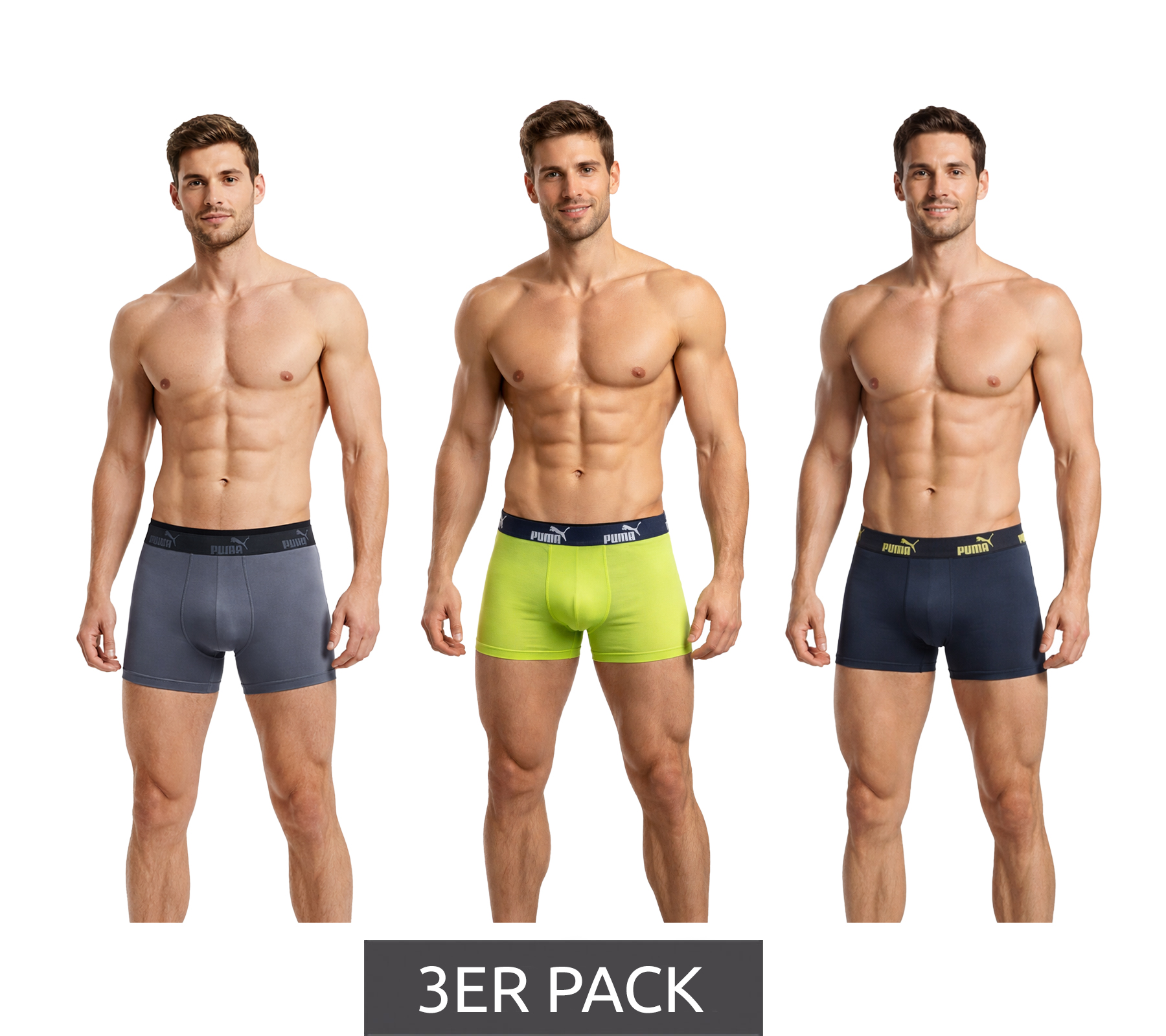 3er Pack PUMA Basic Boxer Herren Boxer-Shorts Baumwoll-Unterhose Unterwäsche 100003547 4471 Lime/Grau/Dunkelblau