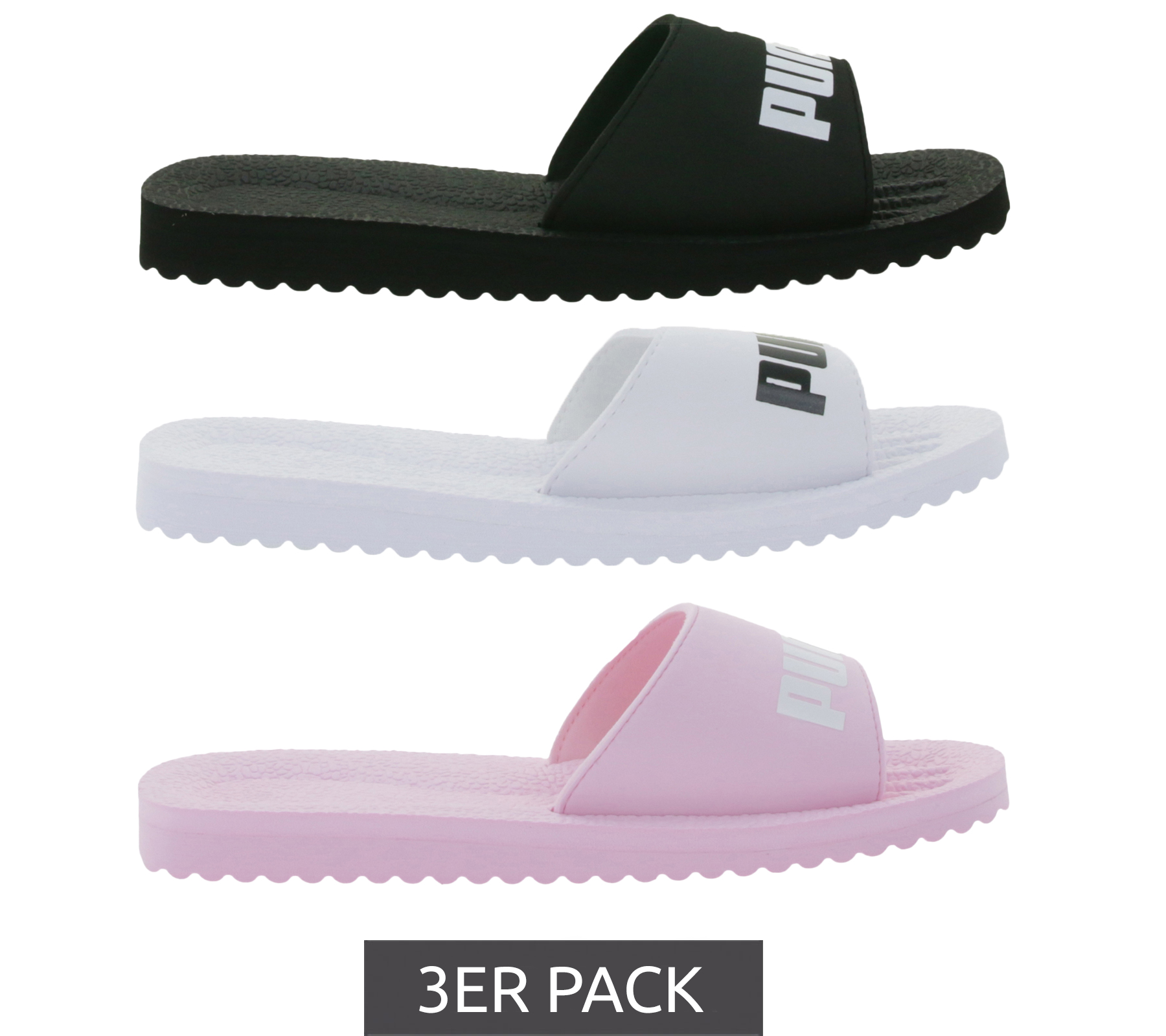 3er Pack PUMA Purecat Bade-Latschen für Damen und Herren Sommer-Schlappen mit EVA-Sohle 360262 Schwarz, Weiß oder Rosa