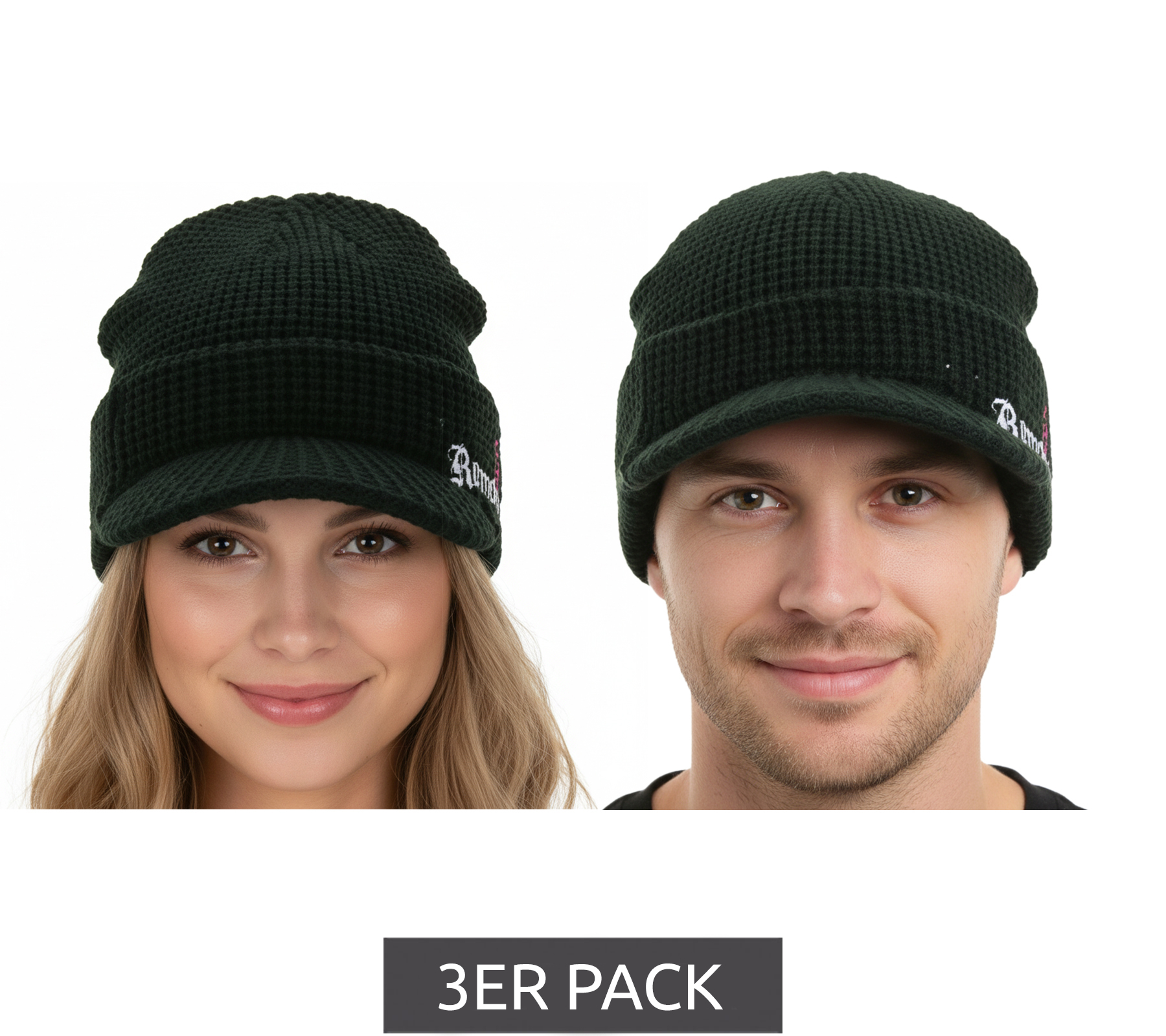 3er Pack RAMONES Unisex Beanie mit Ramones-Logo und NY Punk Rock Schriftzug Schirm-Beanie Freizeit-Mütze Sparpack Schwarz/Rosa/Weiß