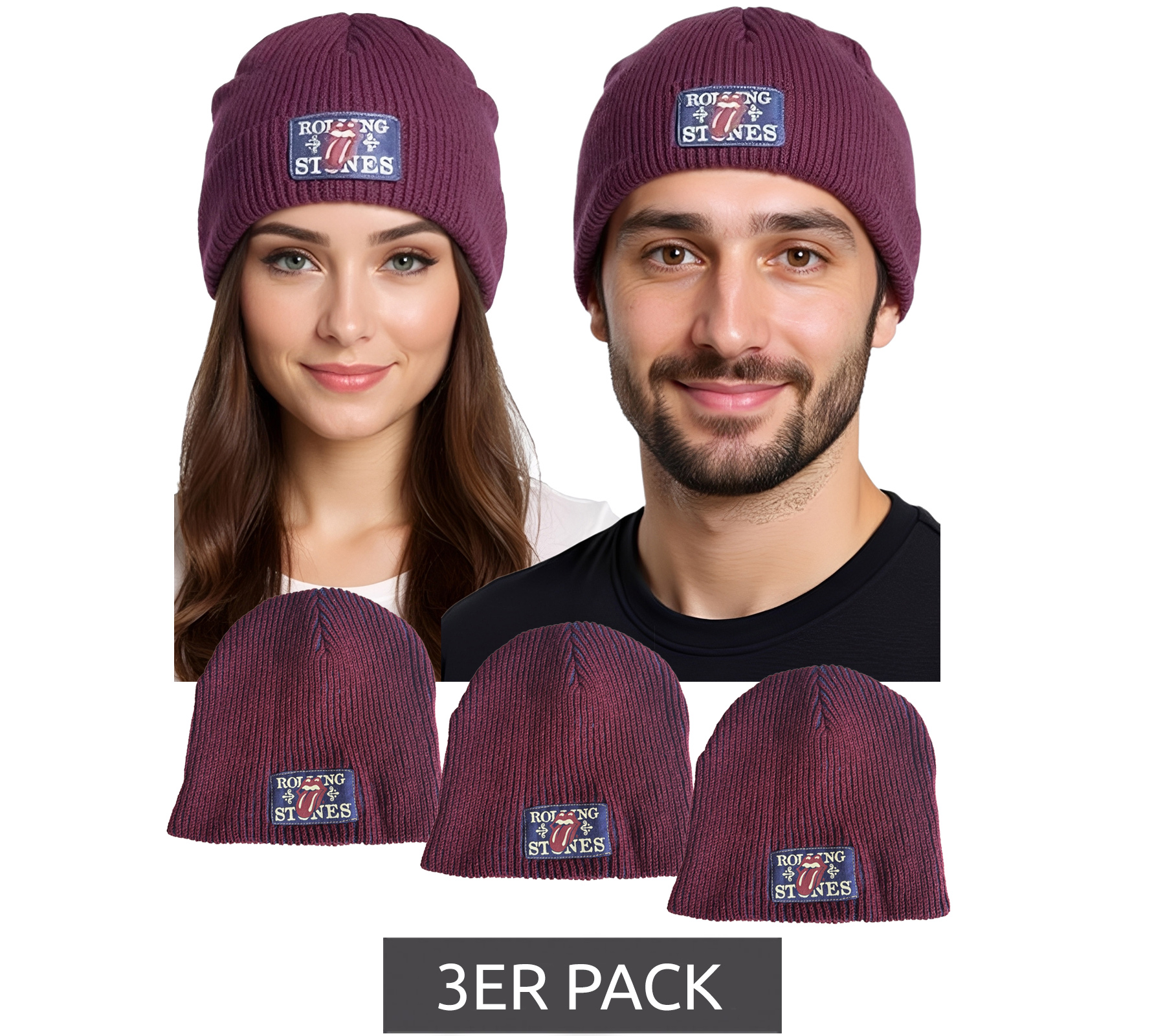 3er Pack Rolling Stones Beanie kuschelige Herbst-Mütze gemütlicher Strick-Beanie Fan-Artikel KC100589RST Weinrot/Blau