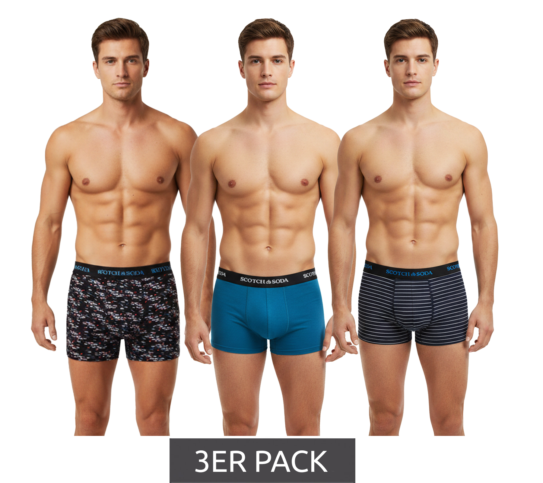 3er Pack SCOTCH & SODA Herren Boxershorts mit Baumwoll-Stretch Unterwäsche Unterhose SSSP25M166645-430 Blau/Schwarz/Bunt