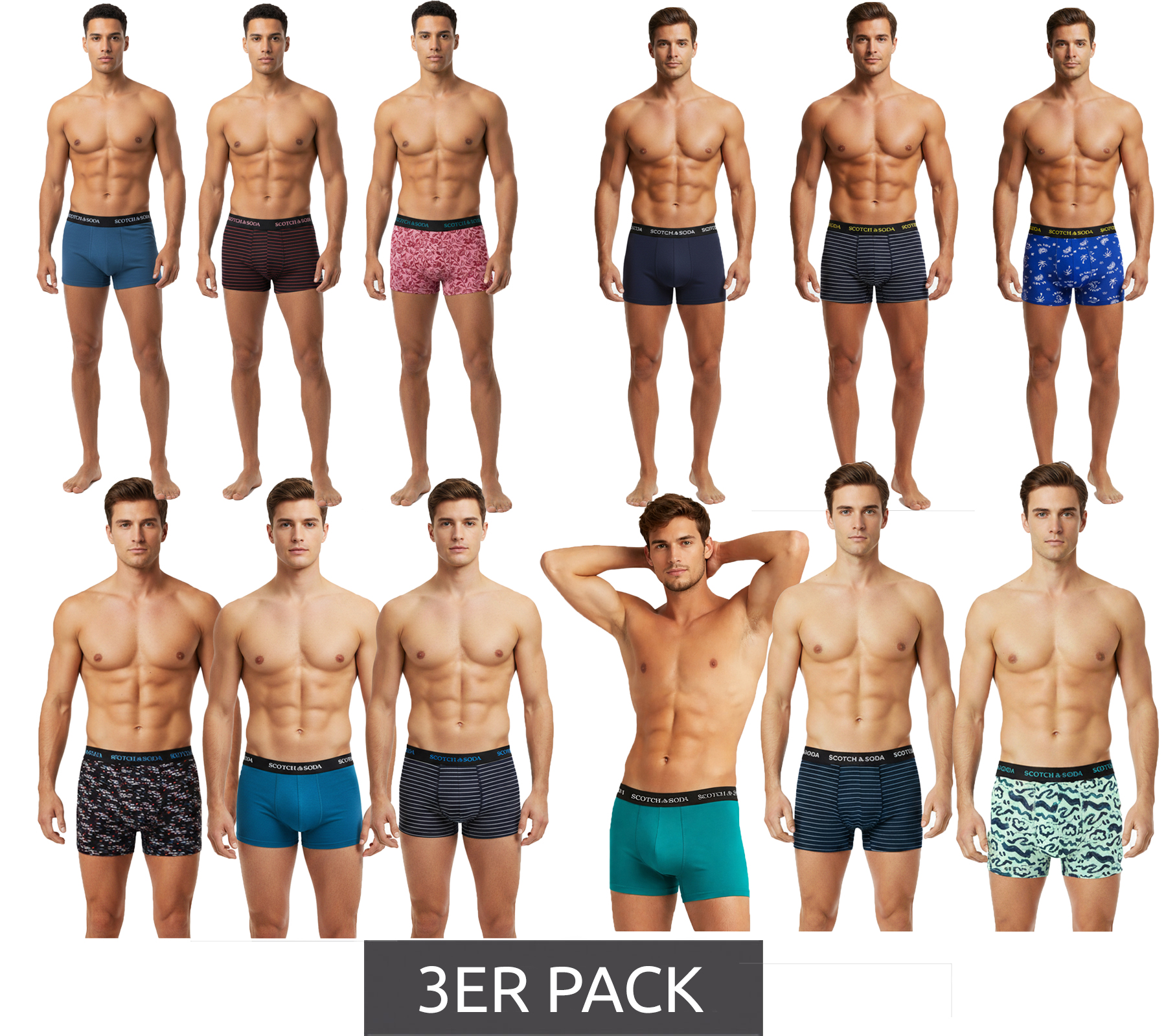 3er Pack SCOTCH & SODA Herren Boxershorts mit Baumwoll-Stretch Unterwäsche Unterhose SSSP25M166645 Blau, Bunt, Schwarz, Rot