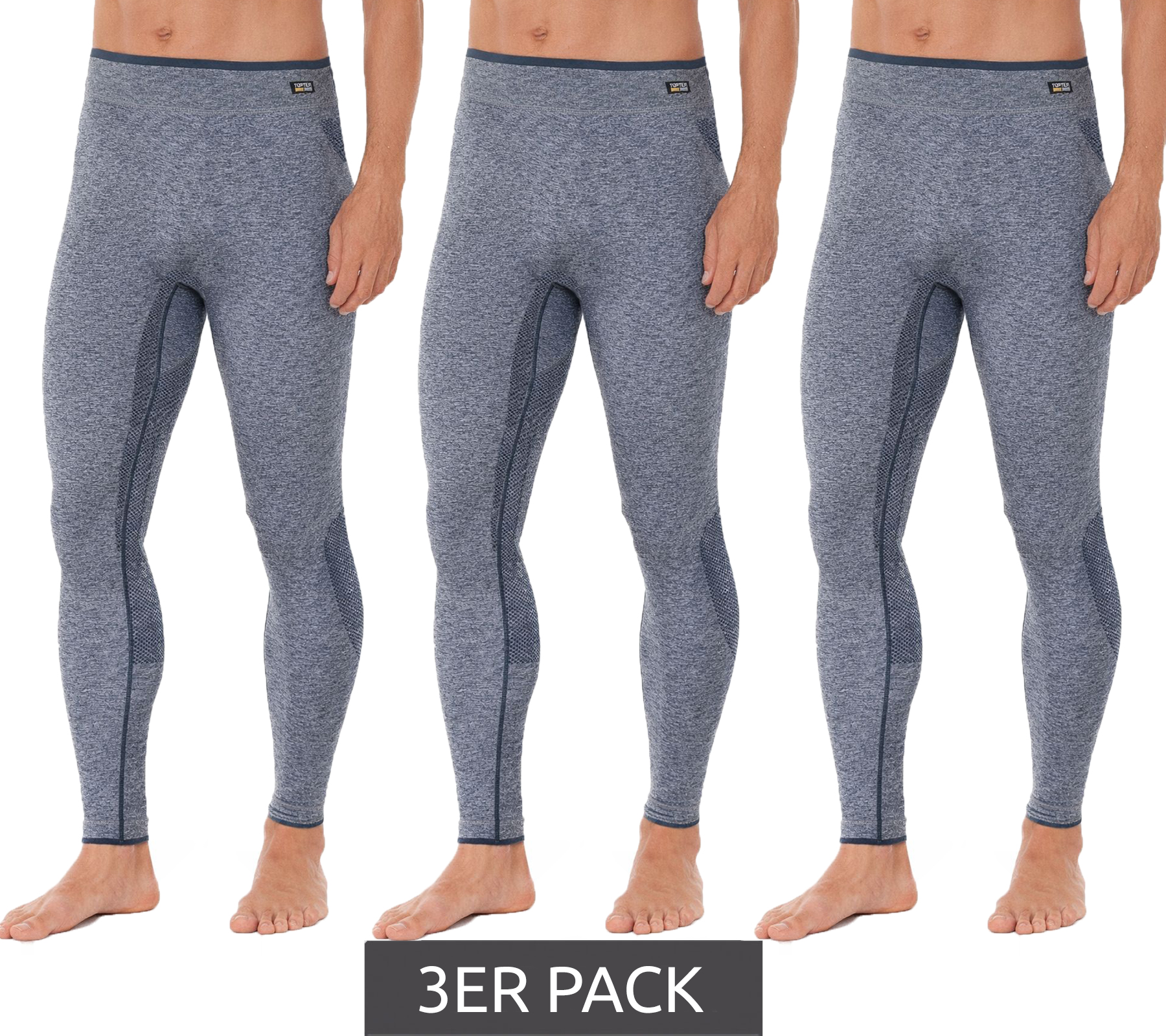 3er Sparpack Atmungsaktive TOPTEX PRO Herren Funktions-Hose mit HydroTherm Leggings lange Unterhose mit OEKO-TEX Standard 100 Arbeits-Unterhose Blau meliert